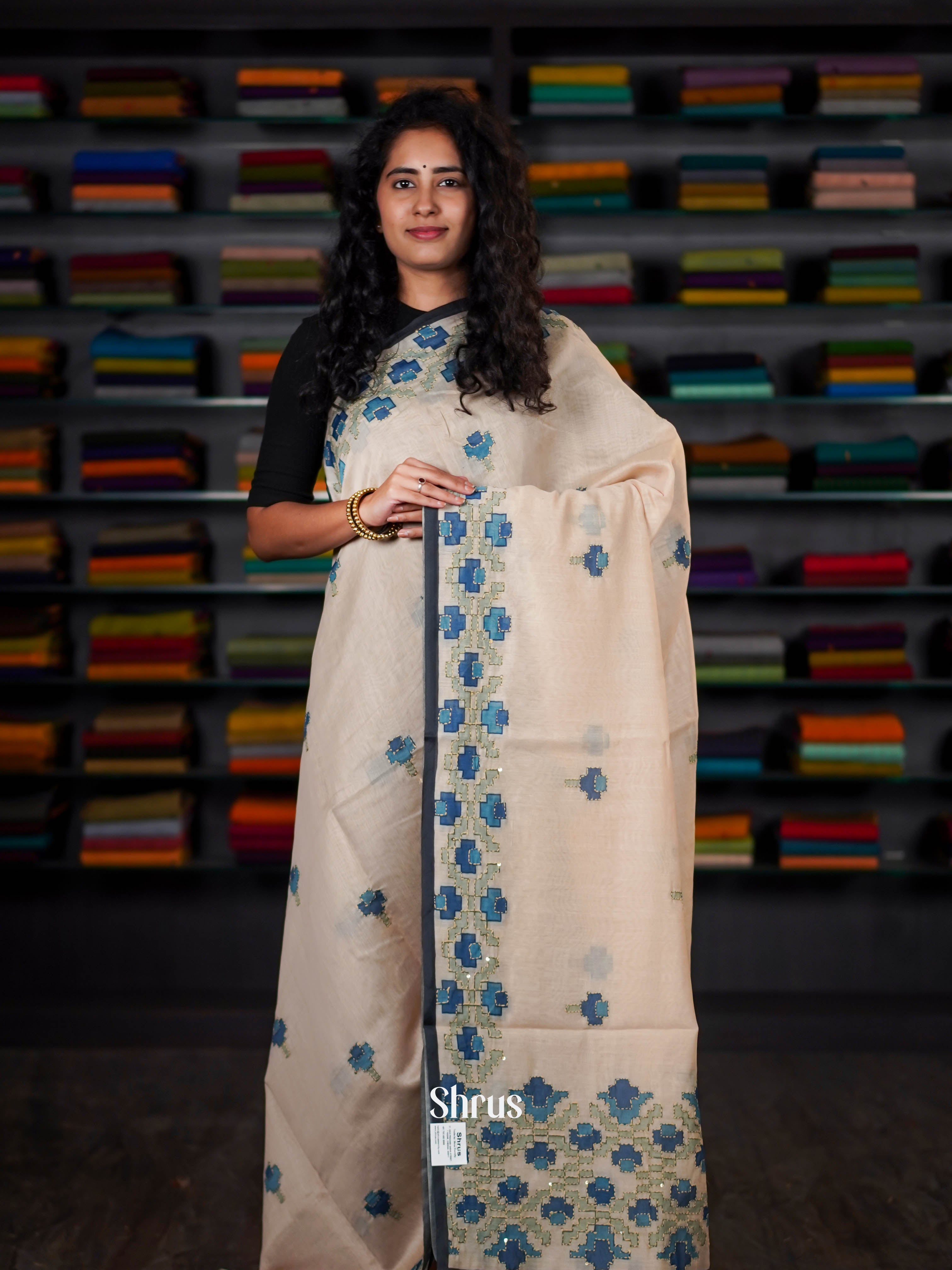Cream - Semi Kantha Saree - Shop on ShrusEternity.com