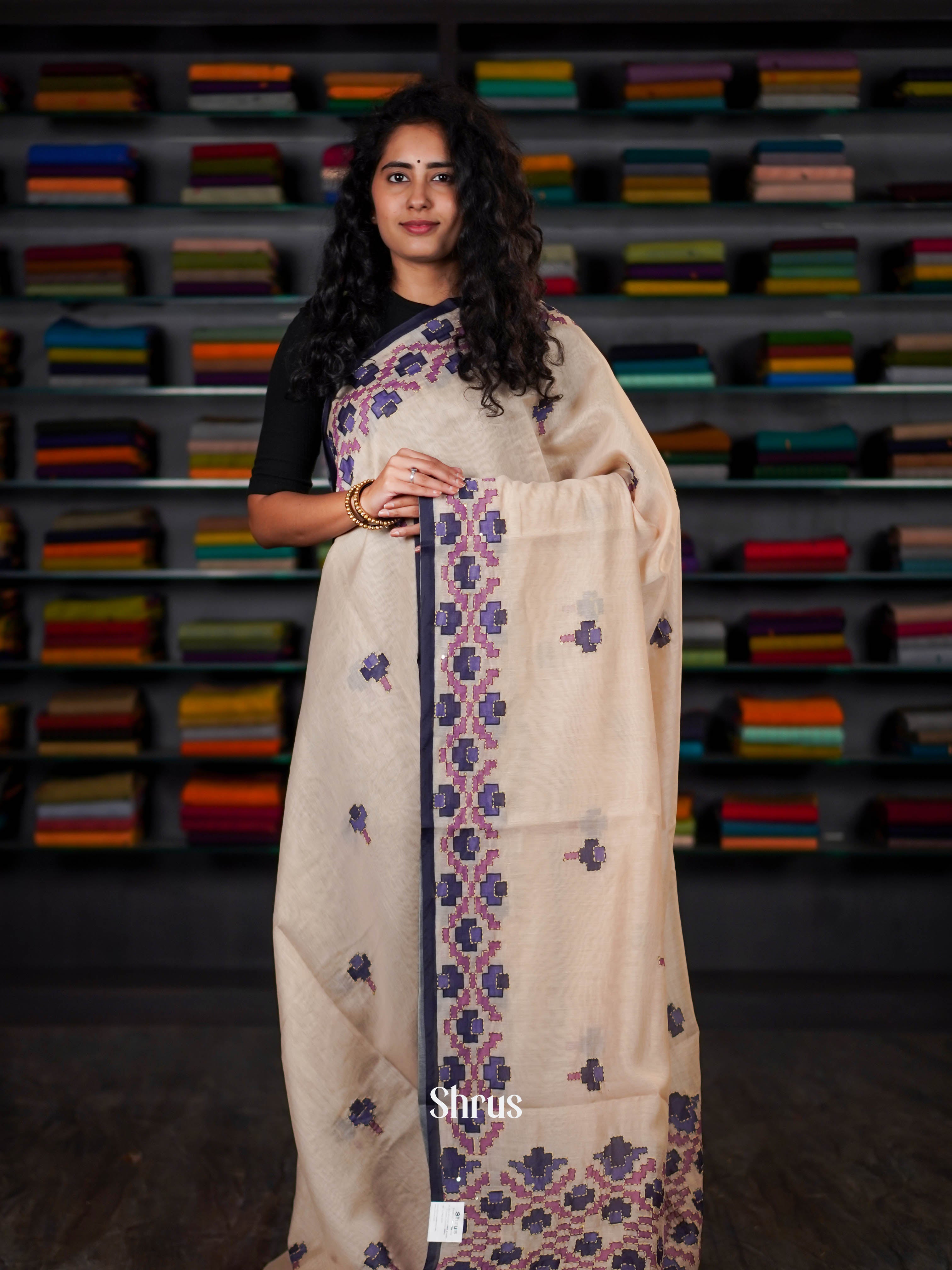 Cream - Semi Kantha Saree - Shop on ShrusEternity.com