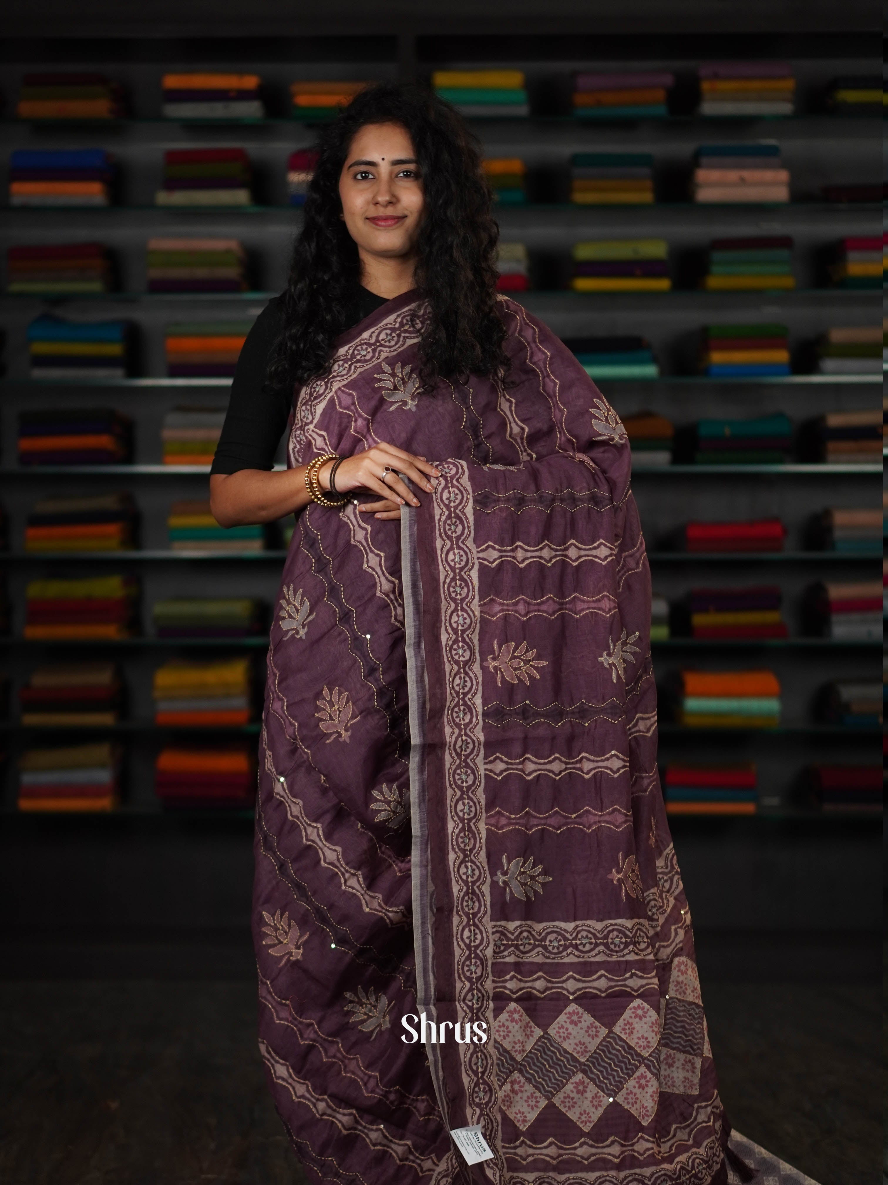 Purple - Semi Kantha Saree - Shop on ShrusEternity.com
