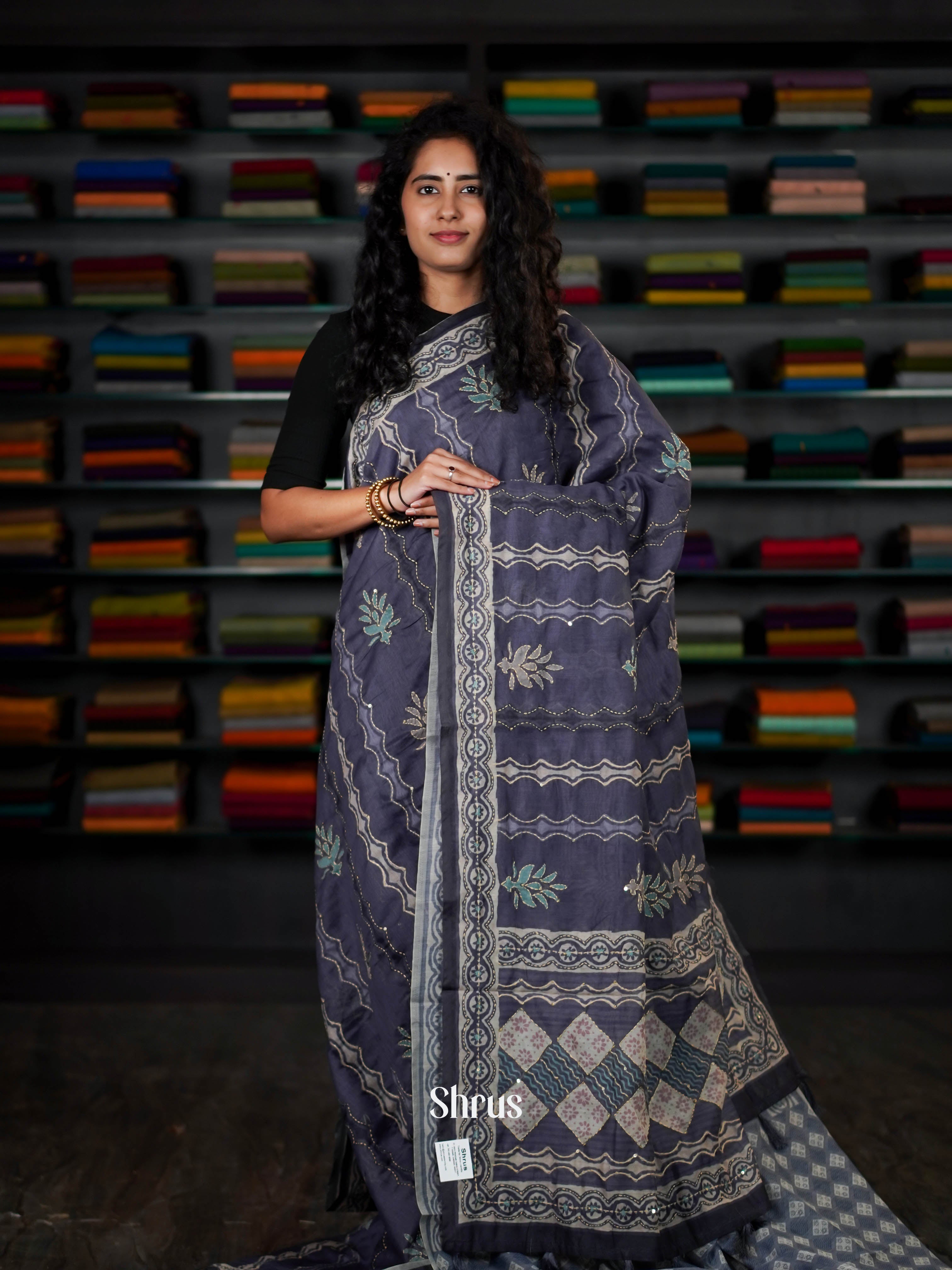 Grey - Semi Kantha Saree - Shop on ShrusEternity.com