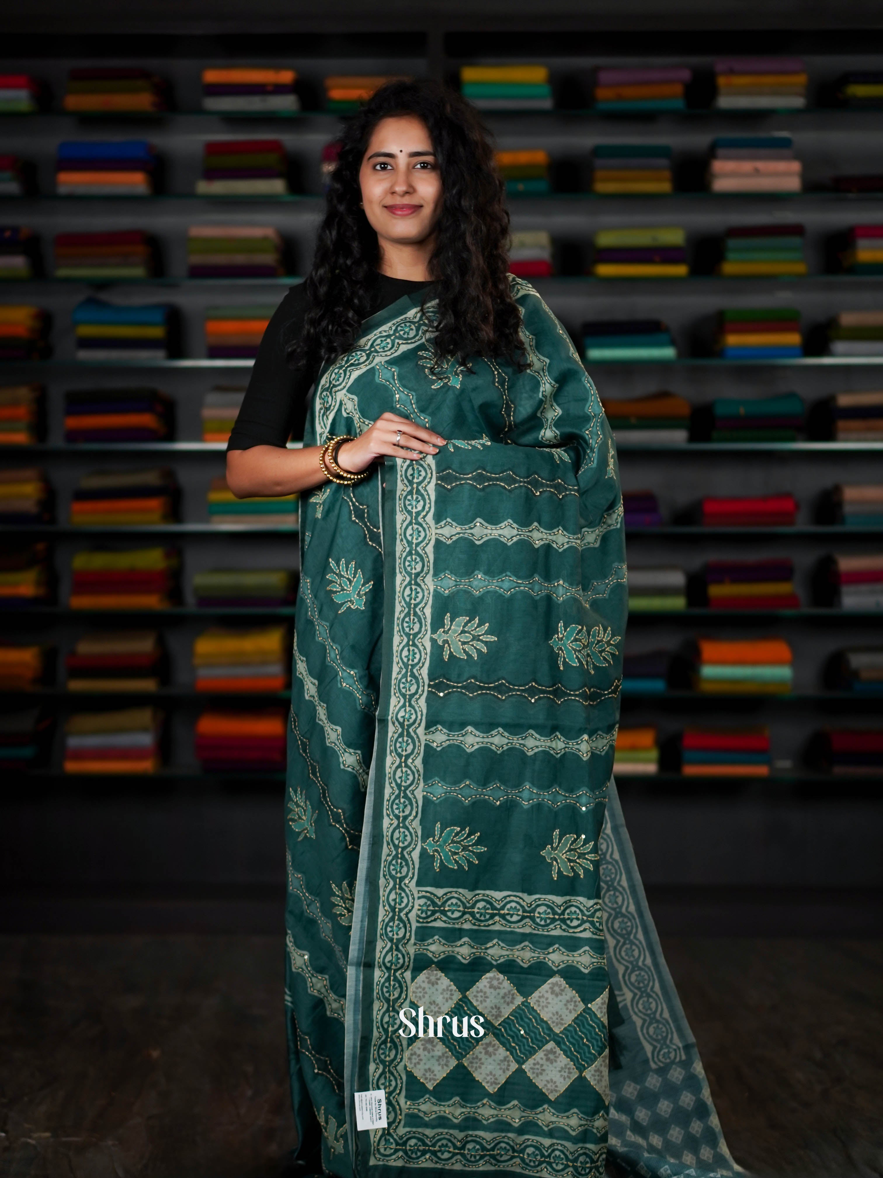 Green - Semi Kantha Saree - Shop on ShrusEternity.com