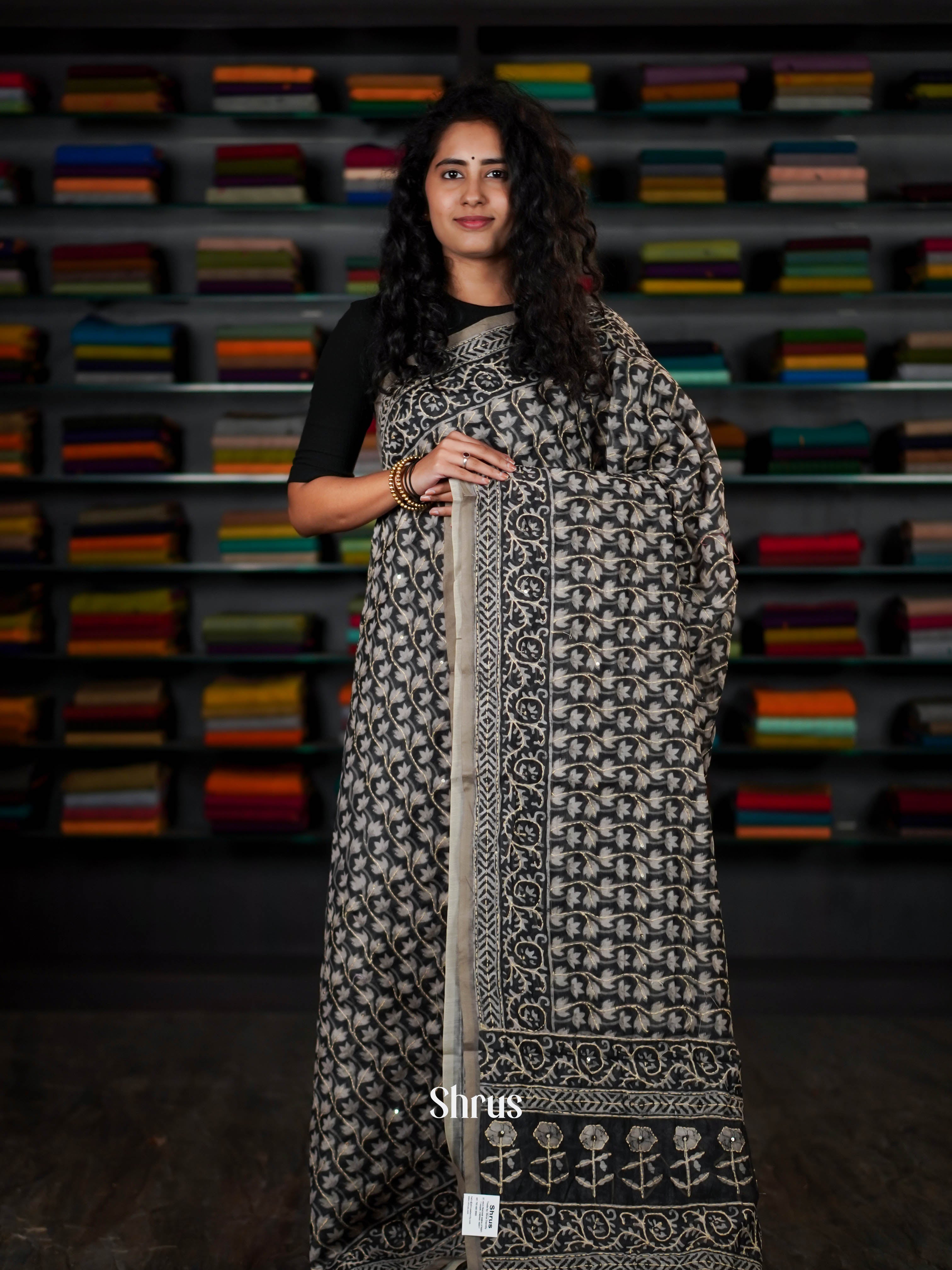 Dark Green - Semi Kantha Saree - Shop on ShrusEternity.com