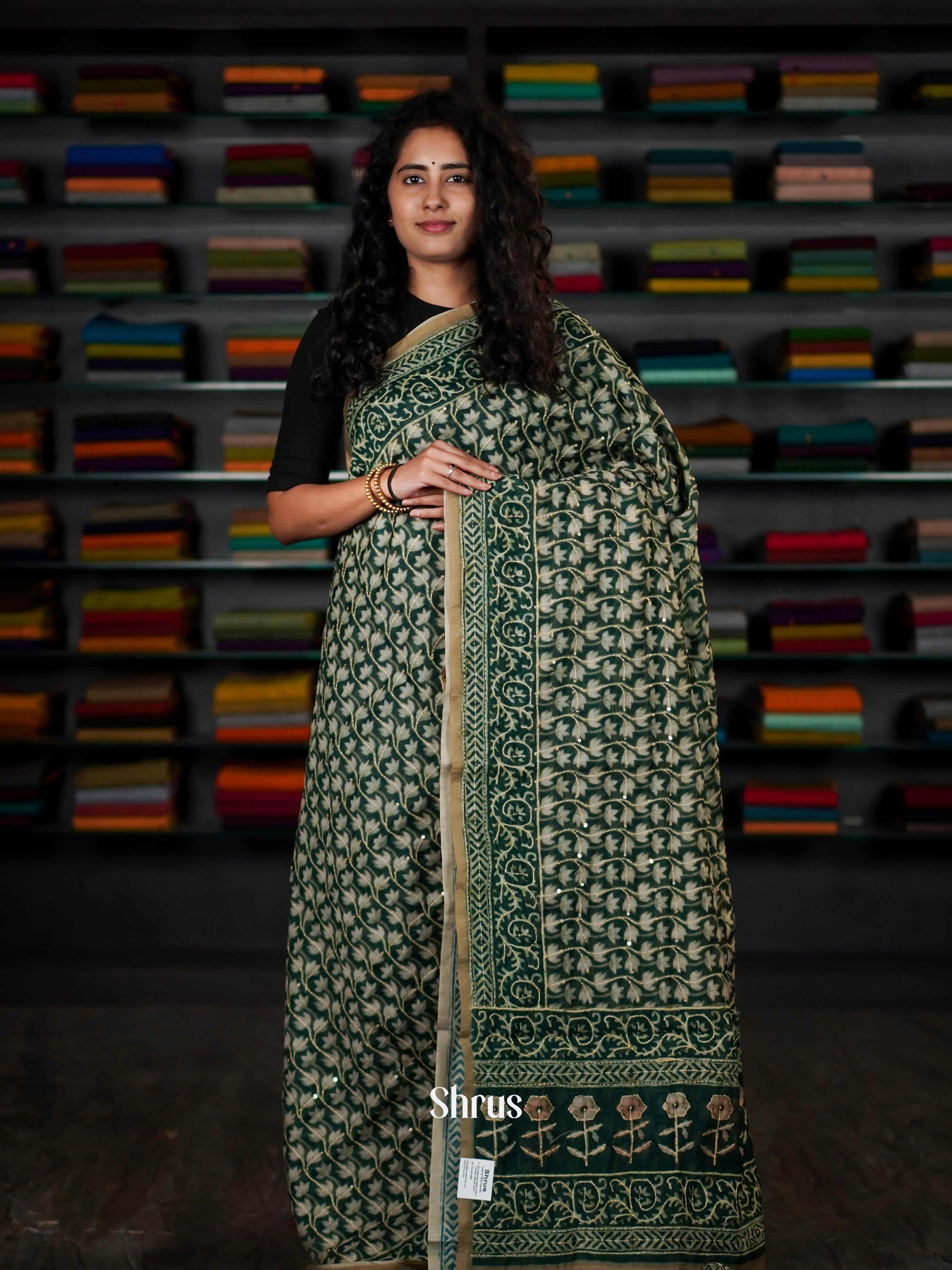 Green - Semi Kantha Saree - Shop on ShrusEternity.com