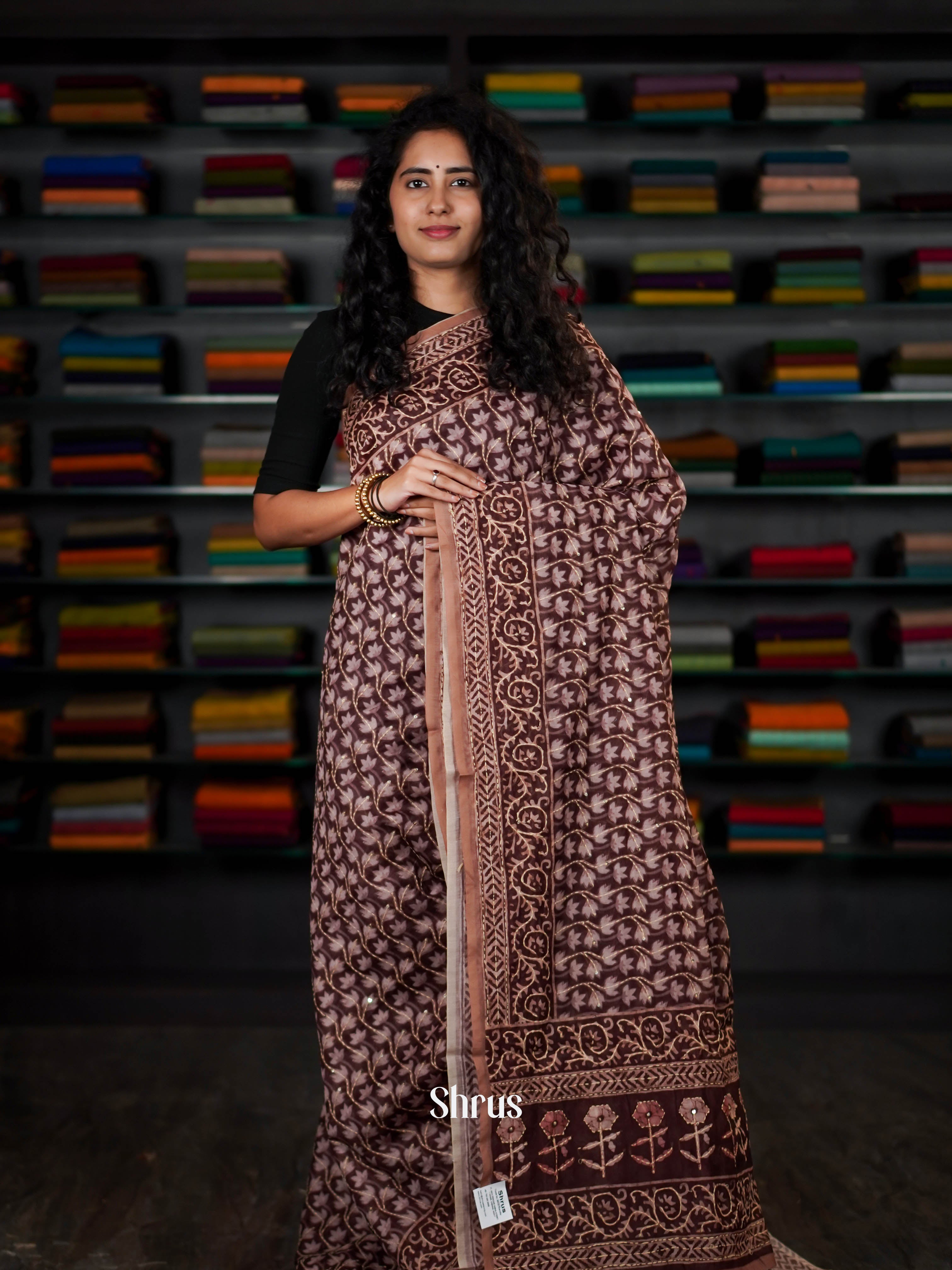 Maroon - Semi Kantha Saree - Shop on ShrusEternity.com