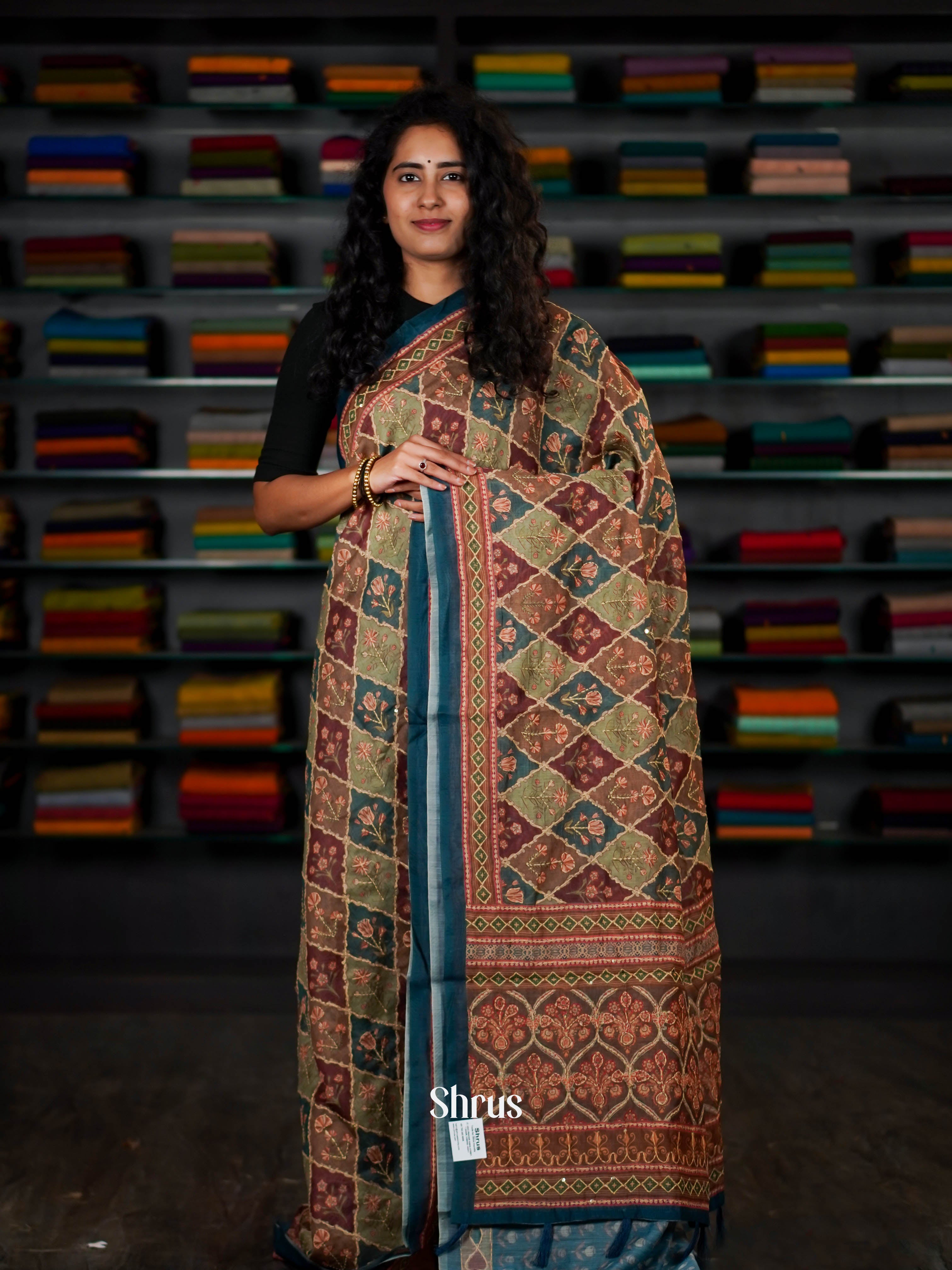 Mixture Colour & Blue - Semi Kantha Saree - Shop on ShrusEternity.com
