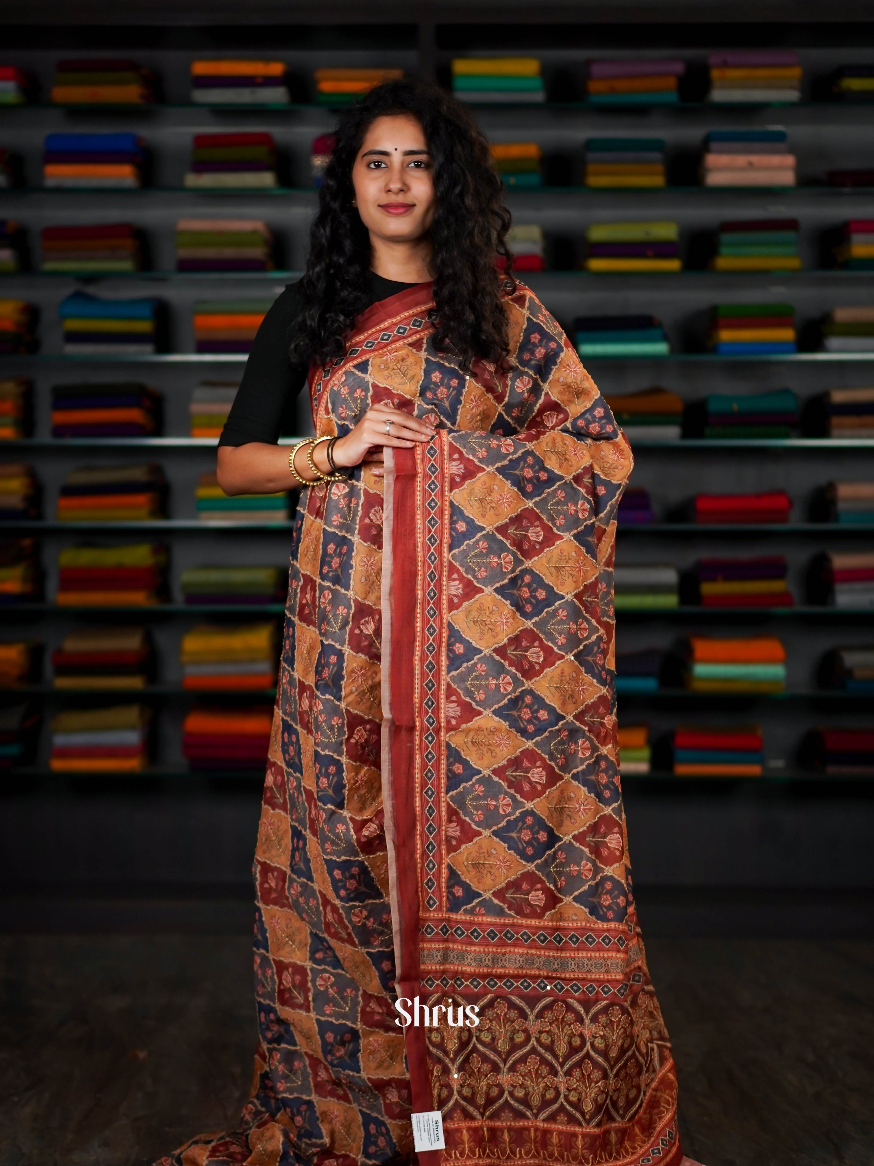 Mustard & Maroon - Semi Kantha Saree - Shop on ShrusEternity.com