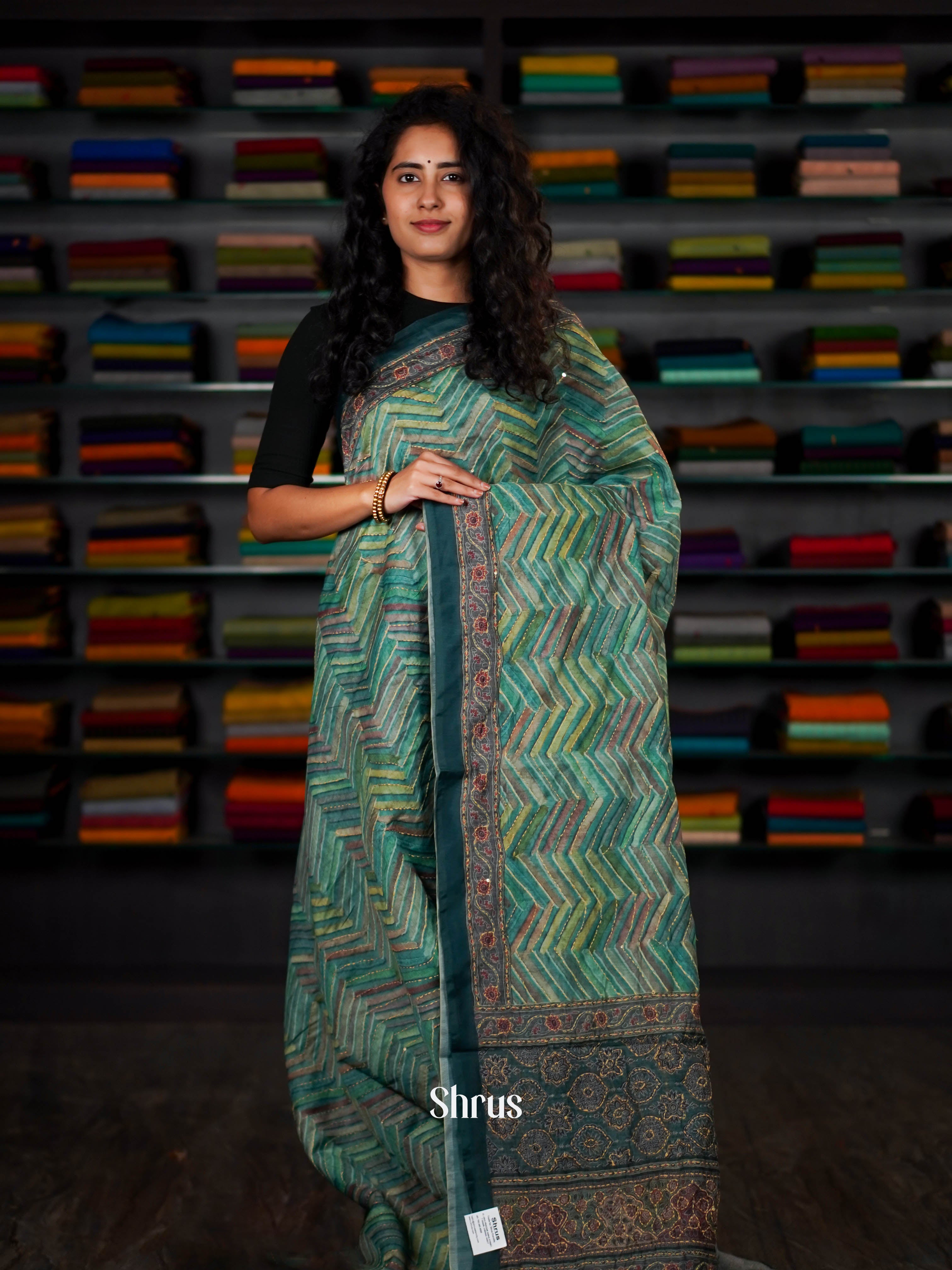 Mixture Of Green - Semi Kantha Saree - Shop on ShrusEternity.com