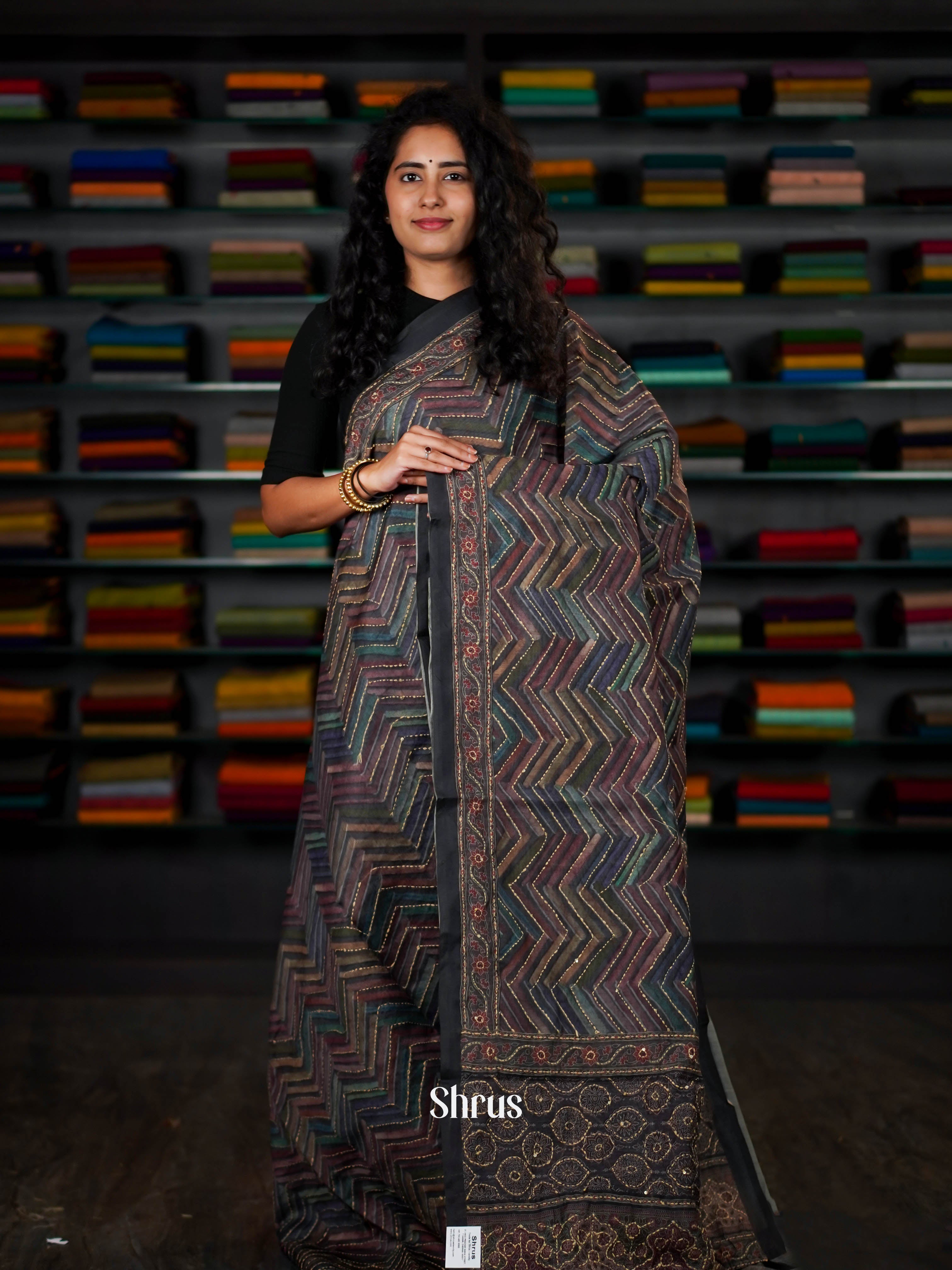 Multicolor & Black - Semi Kantha Saree - Shop on ShrusEternity.com