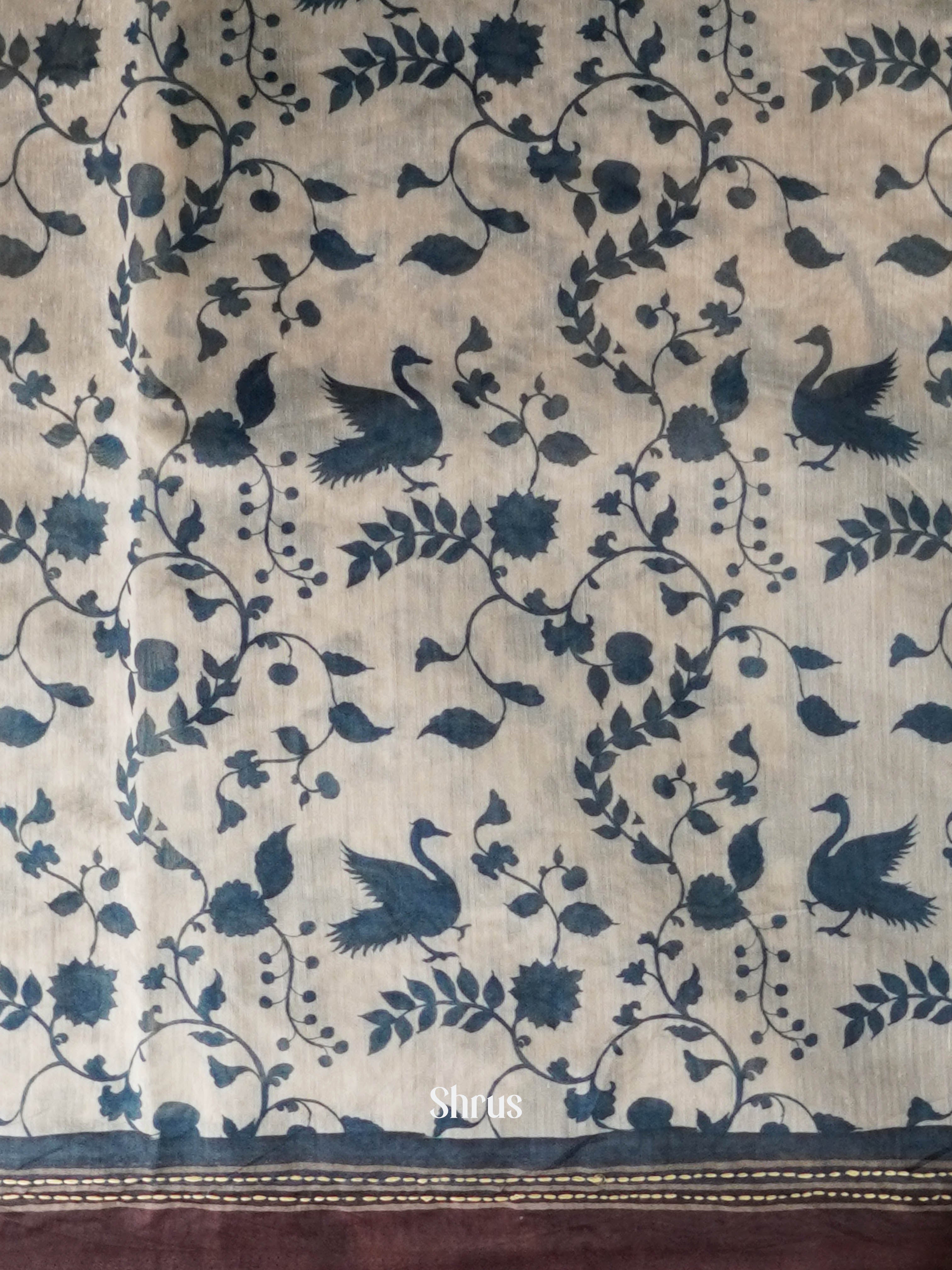 Cream & Blue - Semi Kantha Saree - Shop on ShrusEternity.com