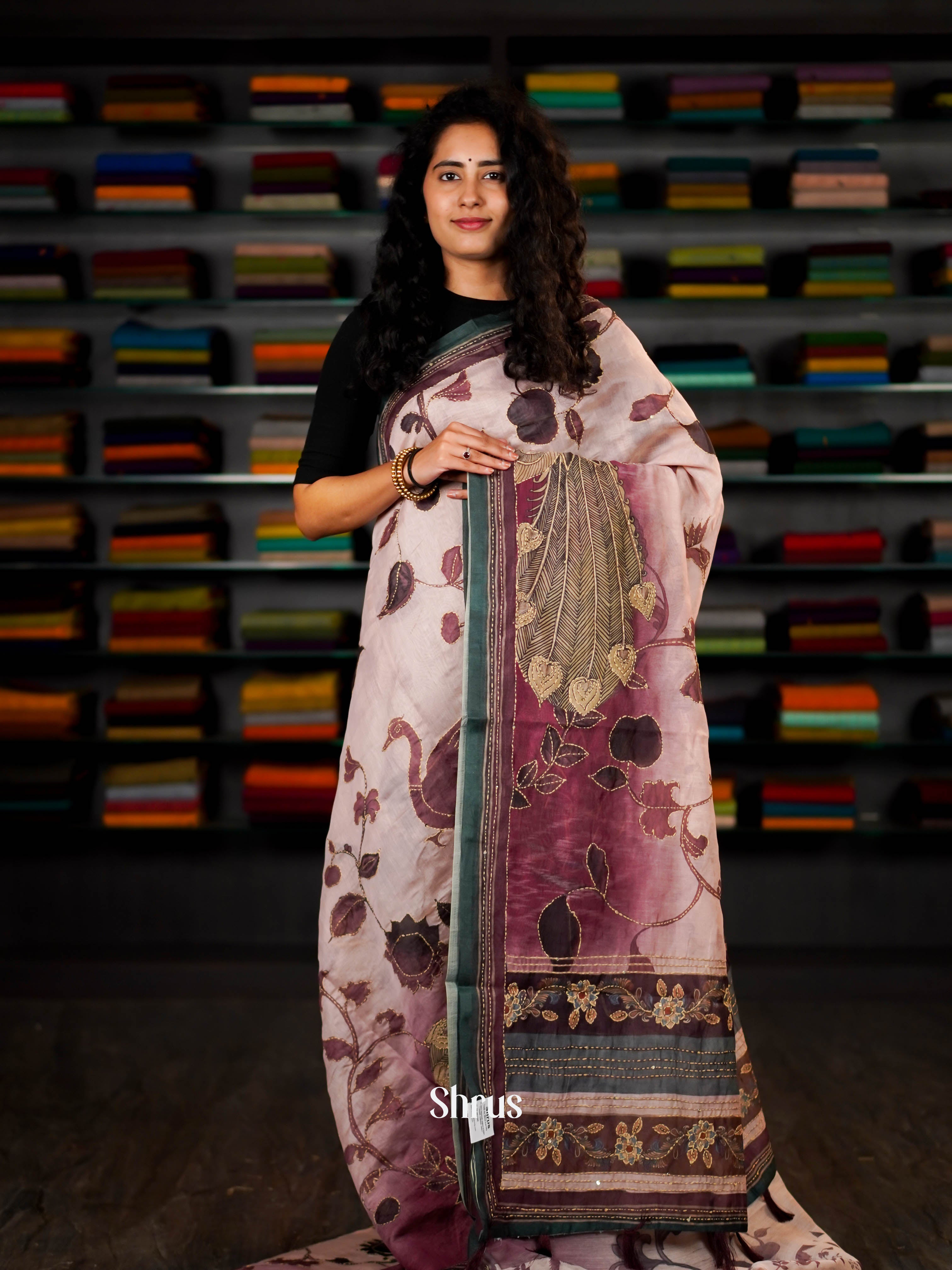 Pale Peach - Semi Kantha Saree - Shop on ShrusEternity.com