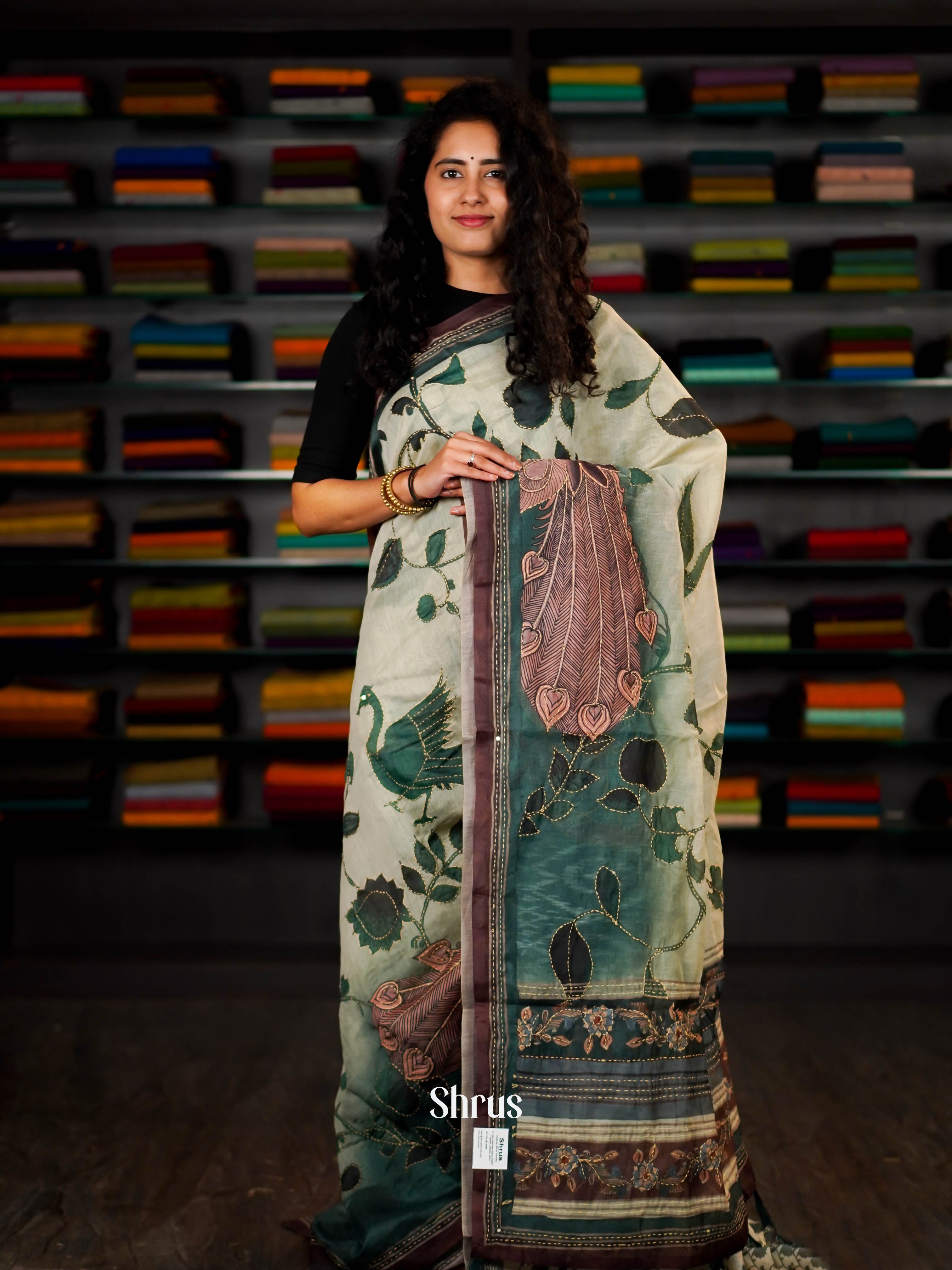 Shades Of Green - Semi Kantha Saree - Shop on ShrusEternity.com