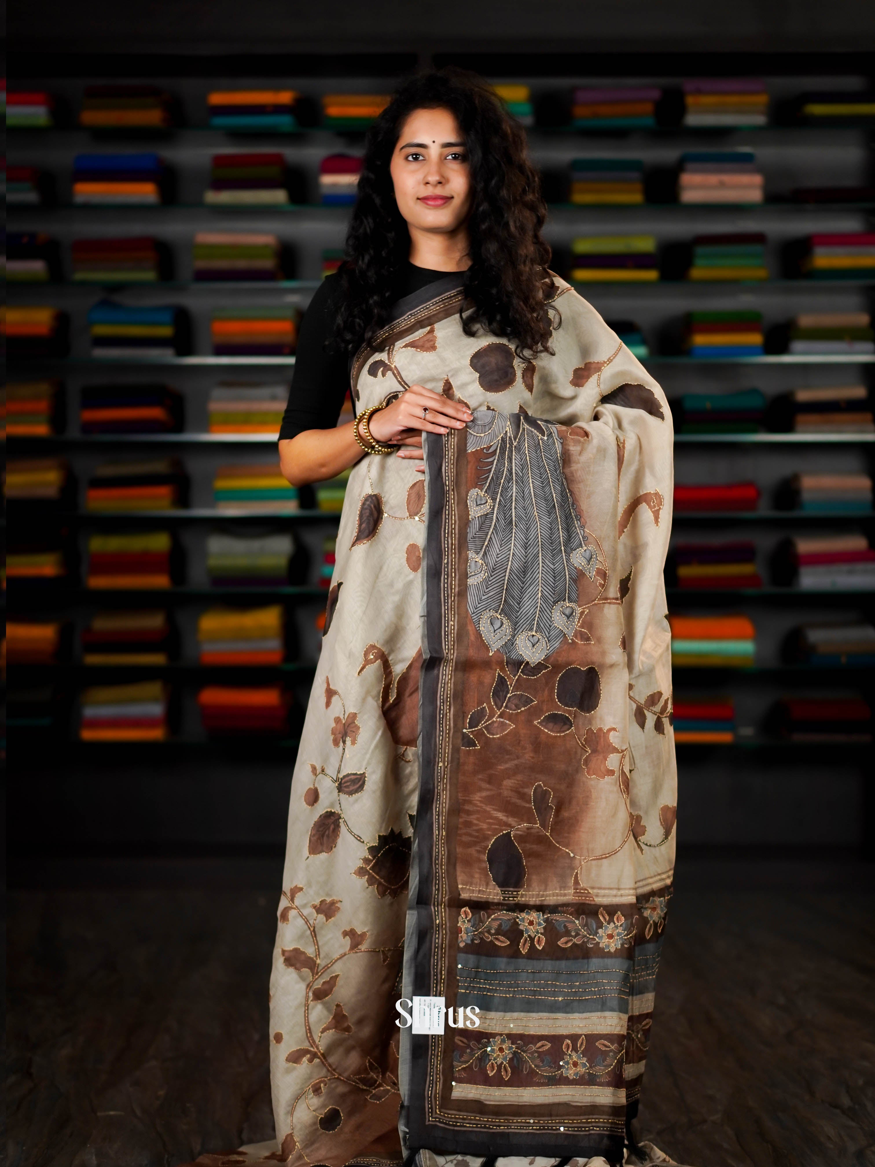 Tea Green & Brown - Semi Kantha Saree - Shop on ShrusEternity.com