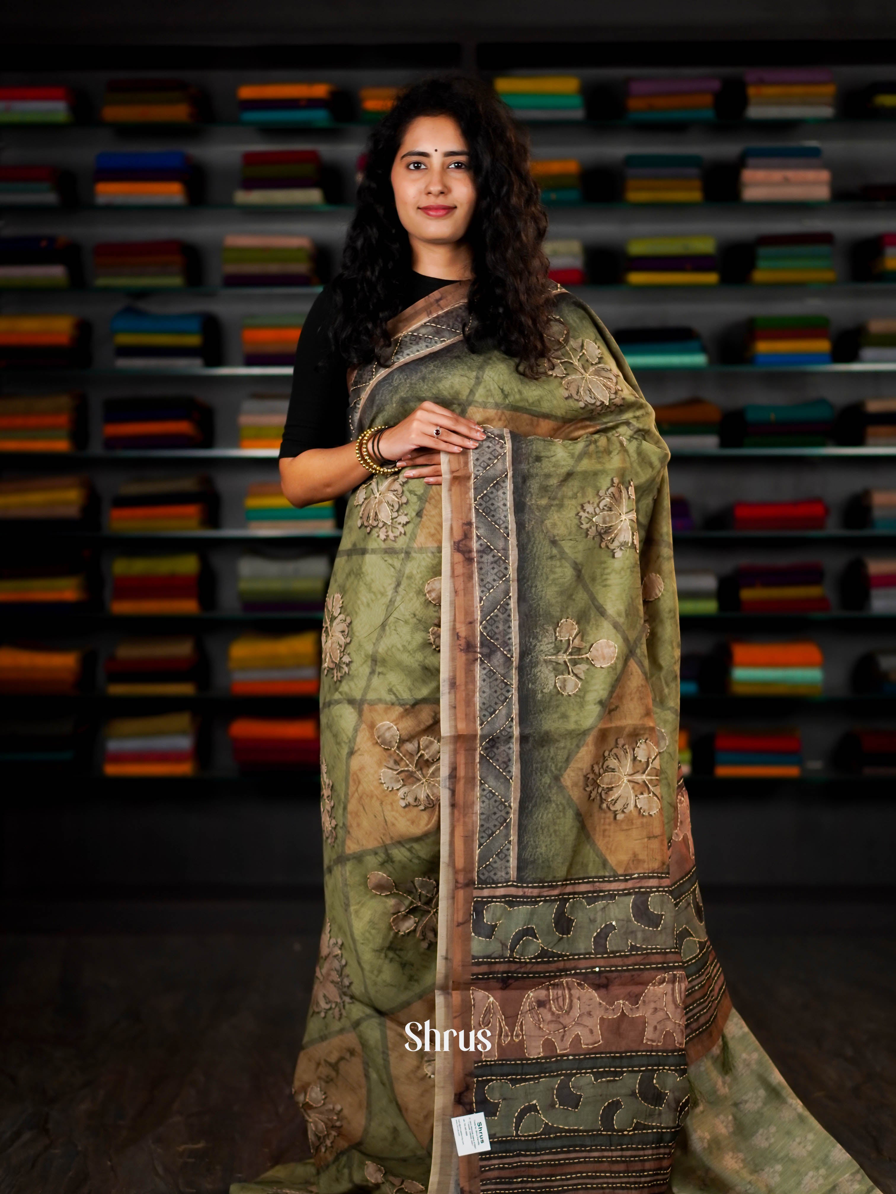 Green & Brown - Semi Kantha Saree - Shop on ShrusEternity.com