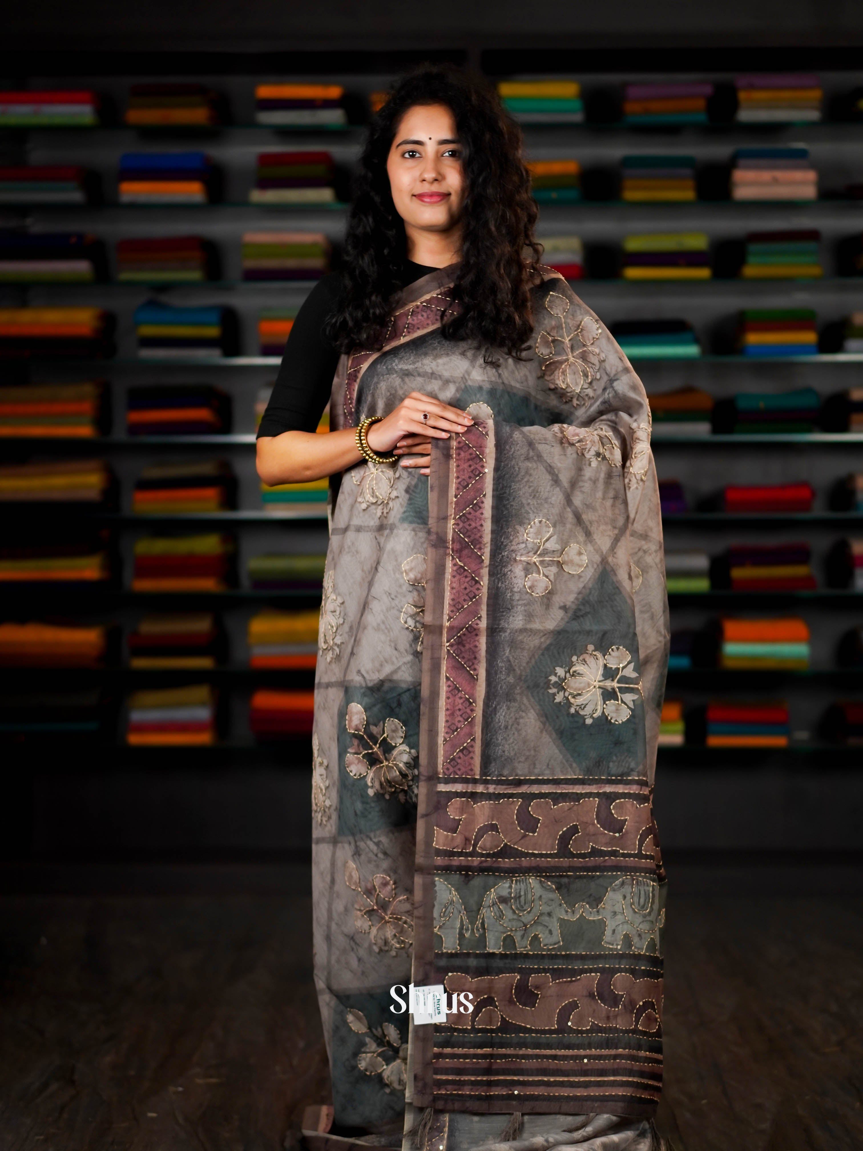 Grey & Teal - Semi Kantha Saree - Shop on ShrusEternity.com