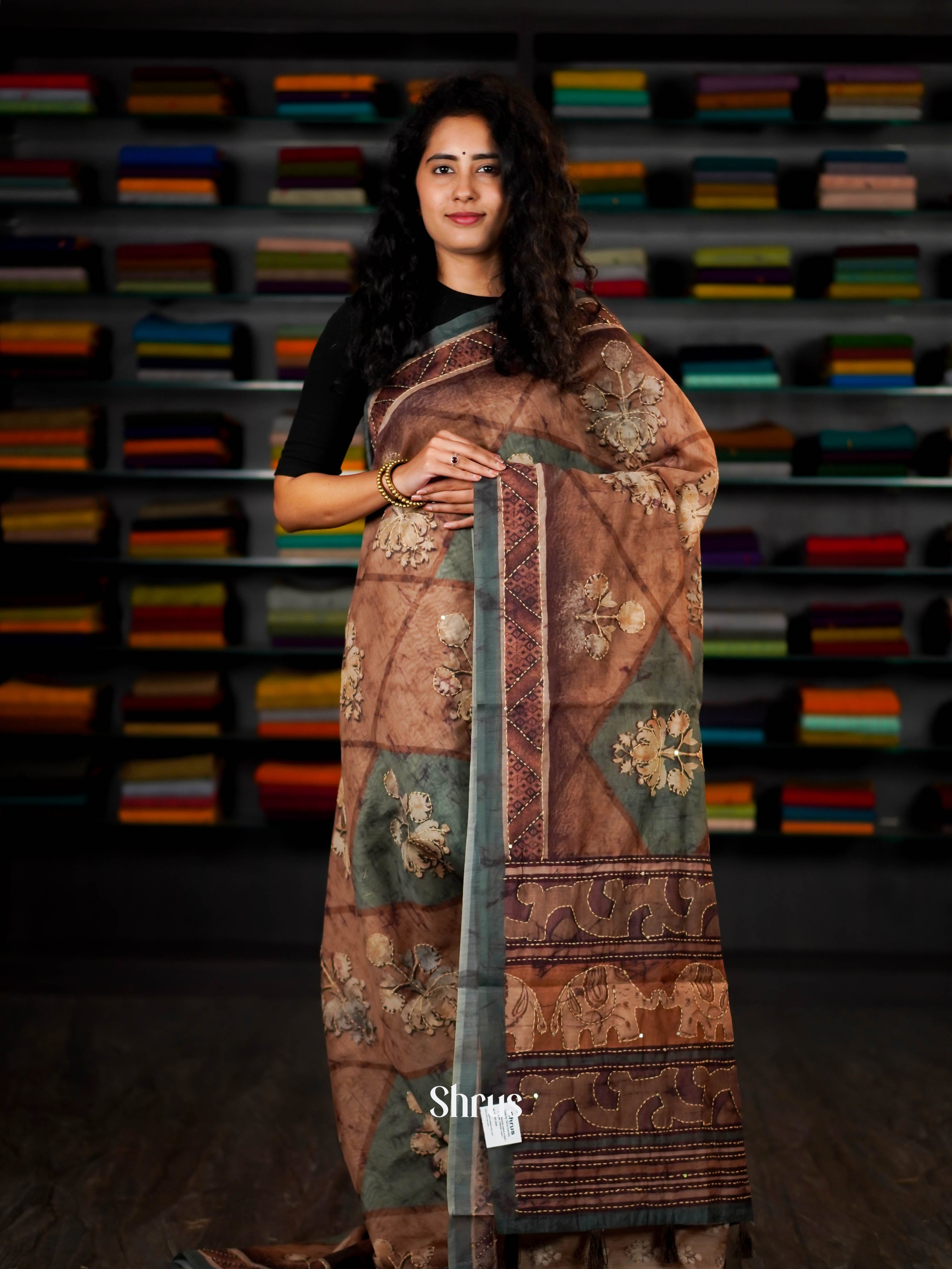 Brown & Teal - Semi Kantha Saree - Shop on ShrusEternity.com