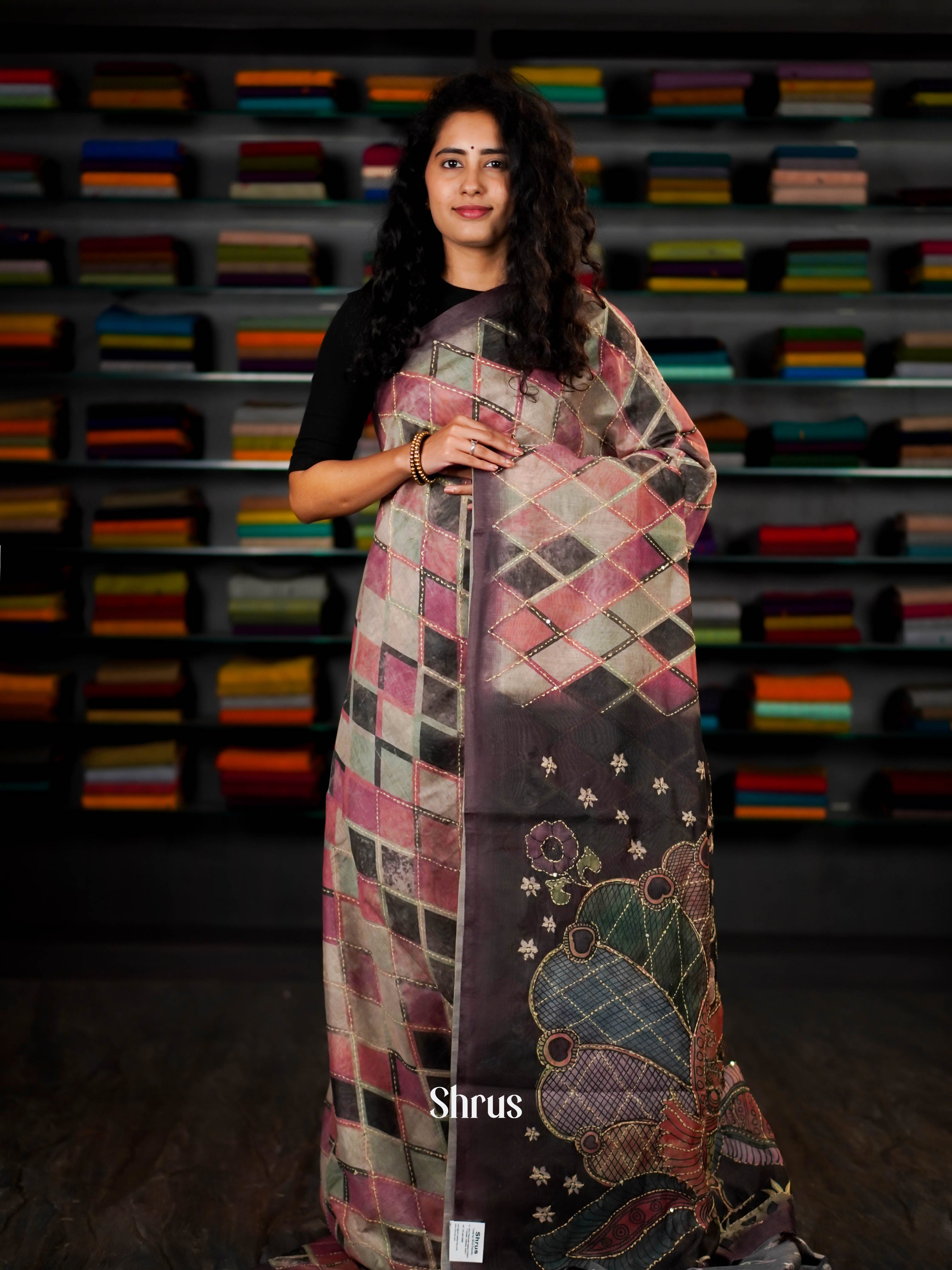 Peach & Pink & Green - Semi Kantha Saree - Shop on ShrusEternity.com