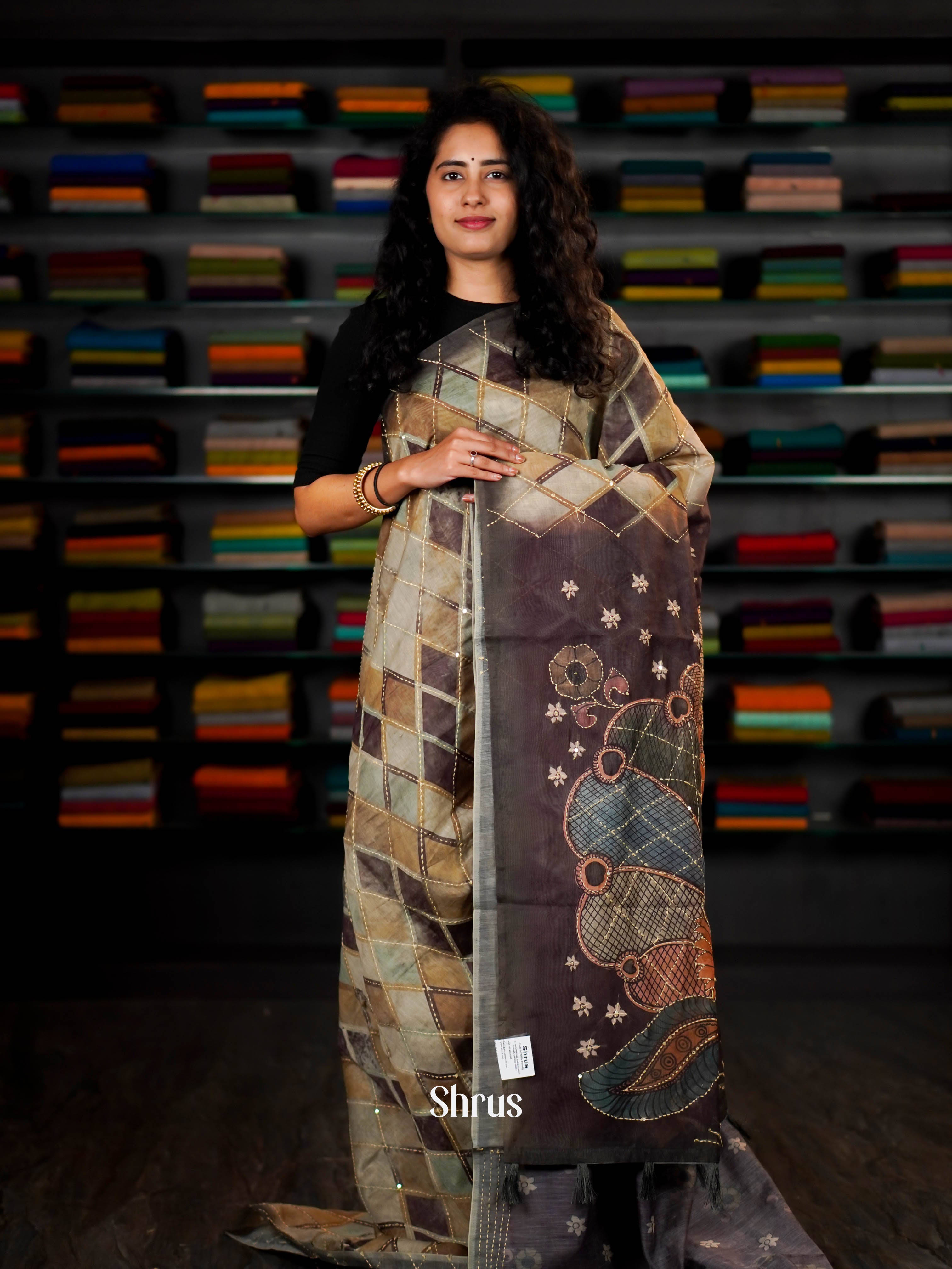 Shades Of Green & Grey - Semi Kantha Saree - Shop on ShrusEternity.com