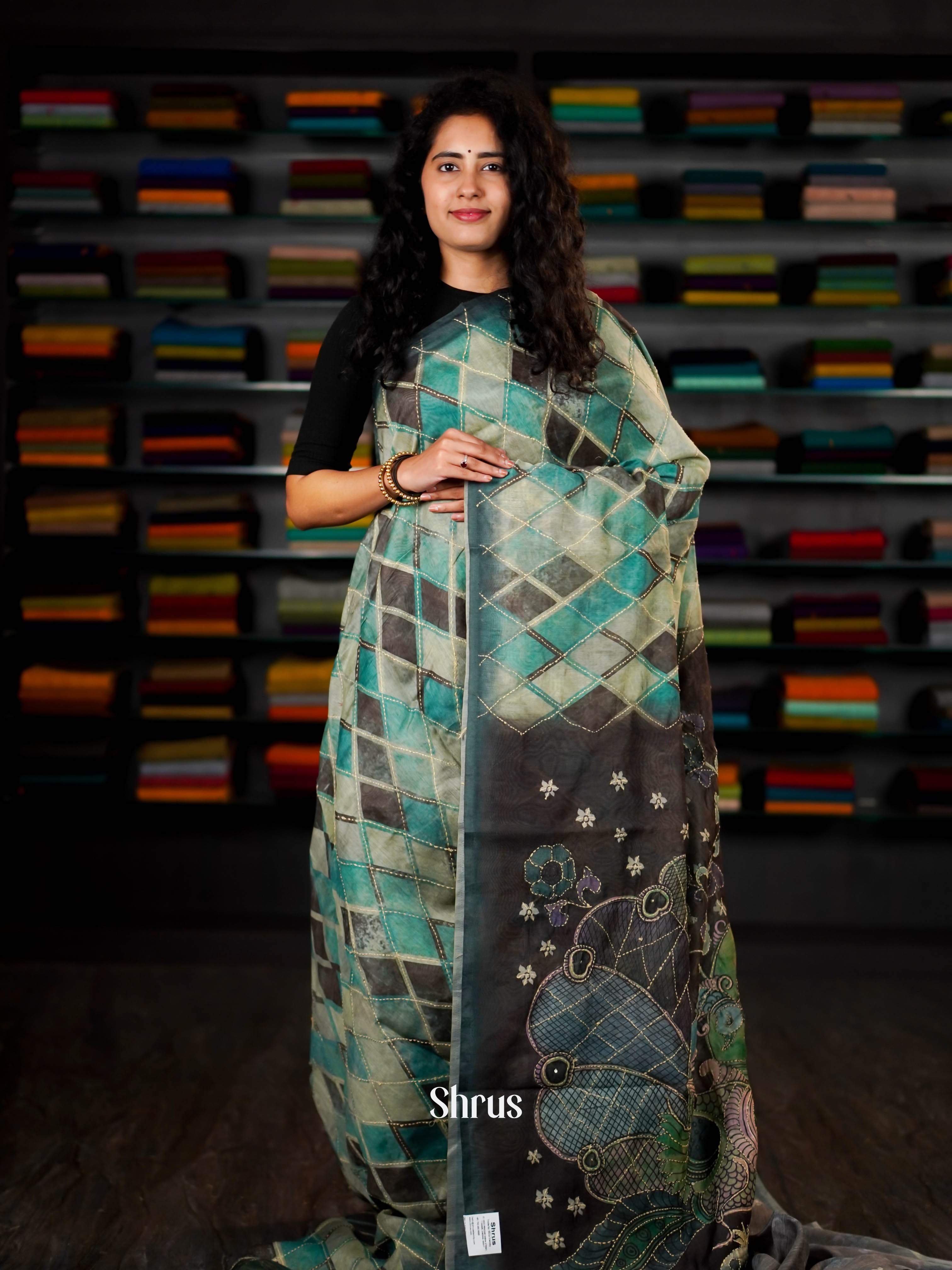 Teal & Grey - Semi Kantha Saree - Shop on ShrusEternity.com