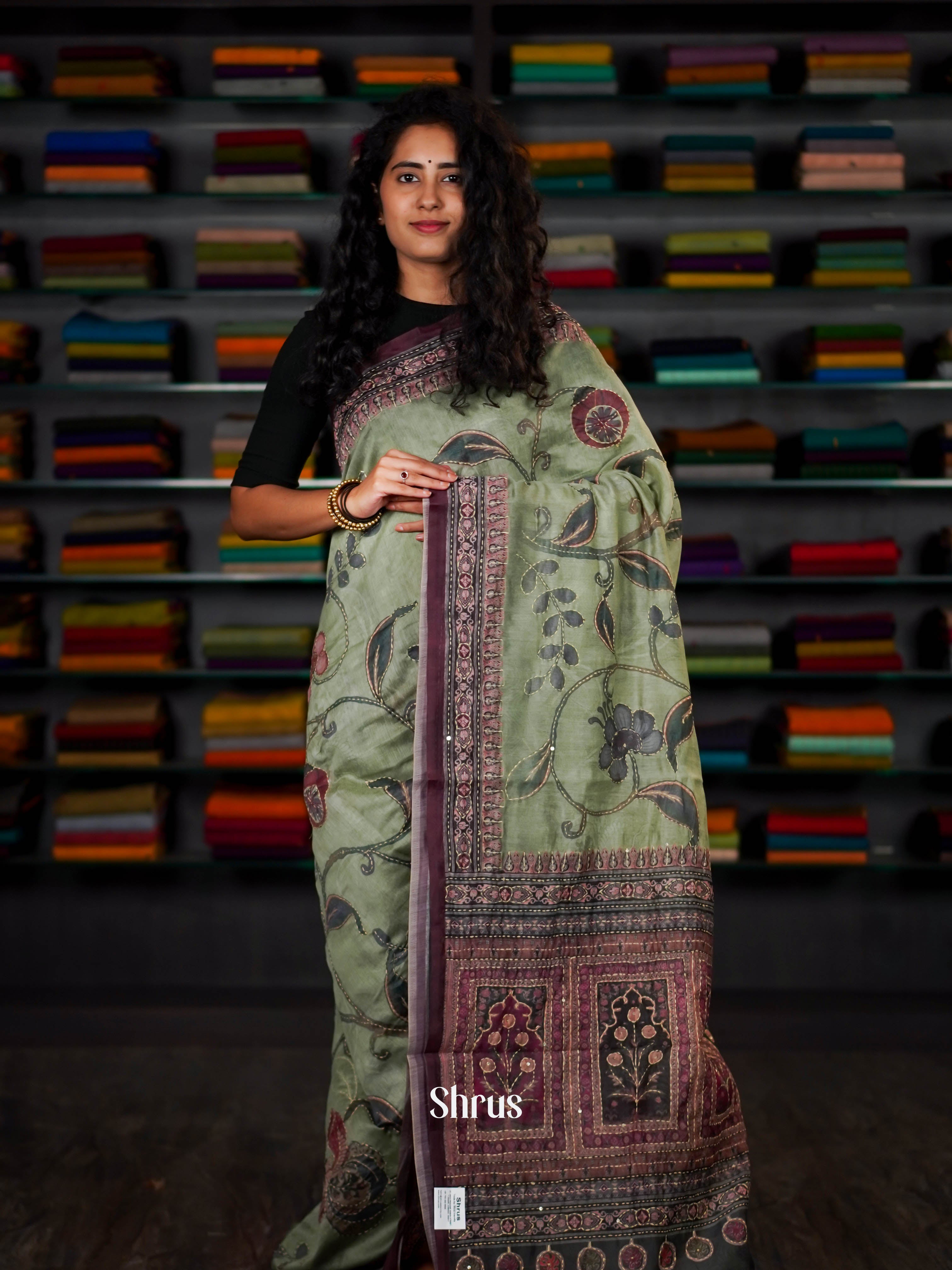 Pale Green - Semi Kantha Saree - Shop on ShrusEternity.com
