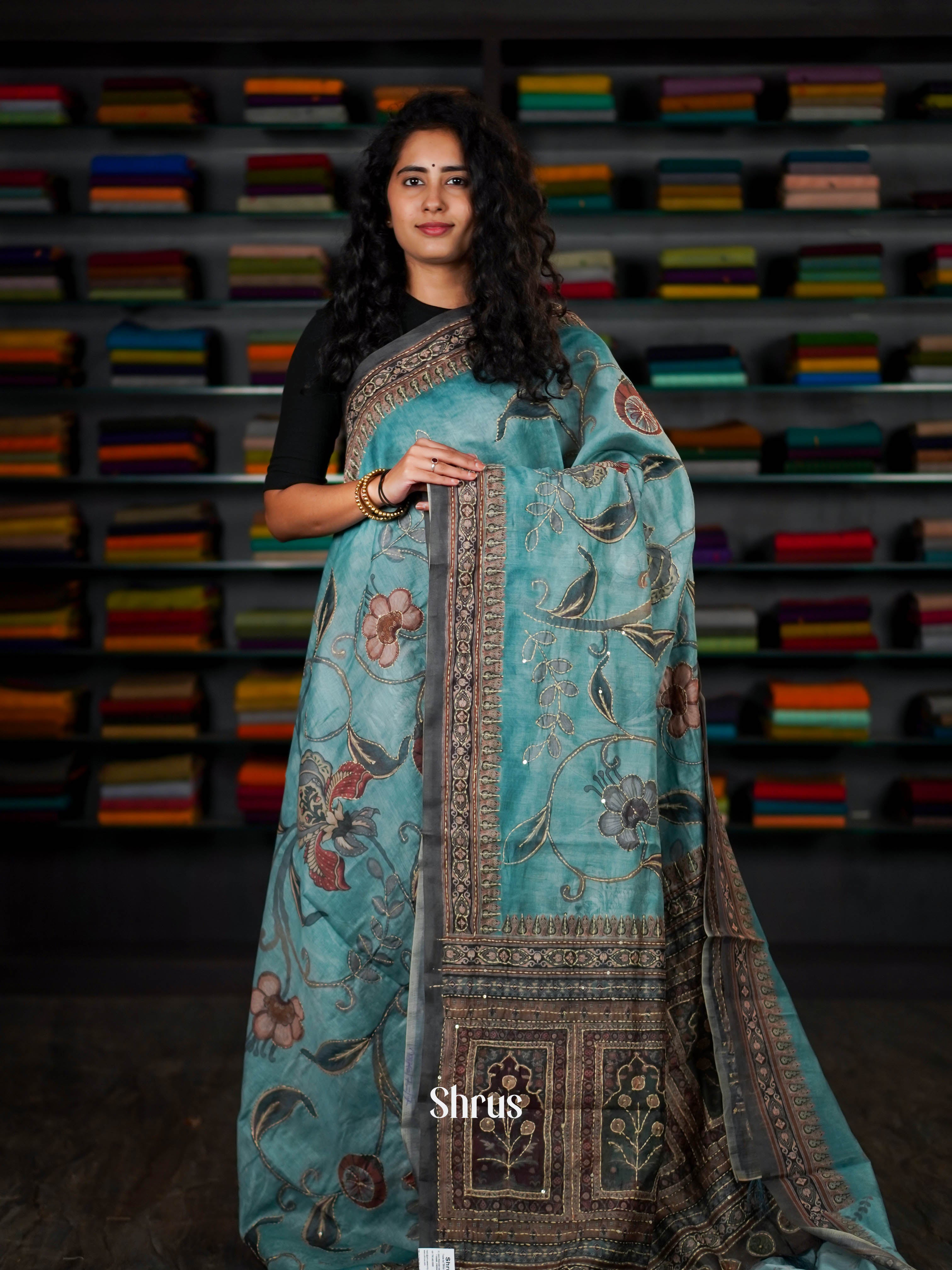 Teal - Semi Kantha Saree - Shop on ShrusEternity.com
