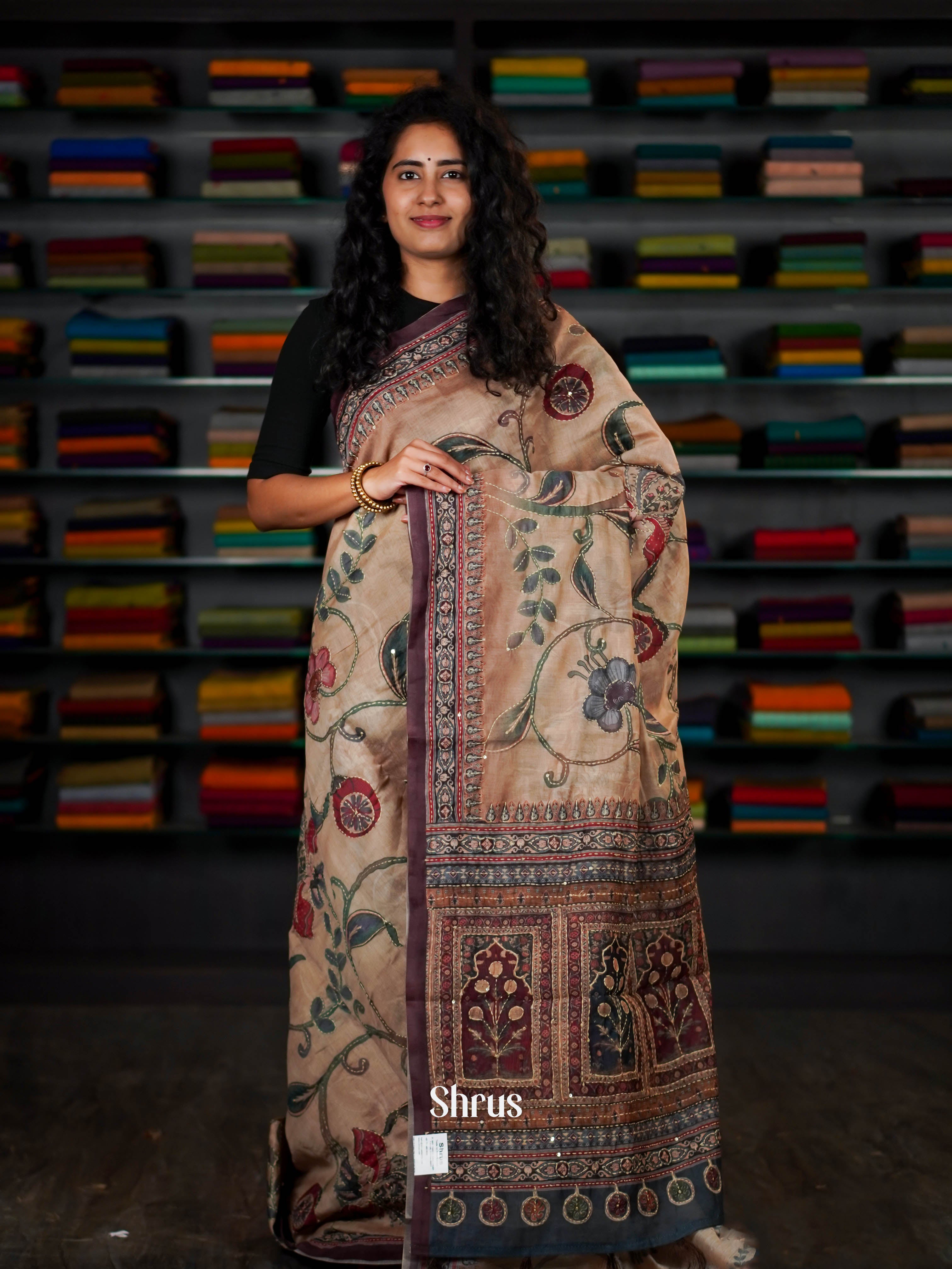 Brown - Semi Kantha Saree - Shop on ShrusEternity.com