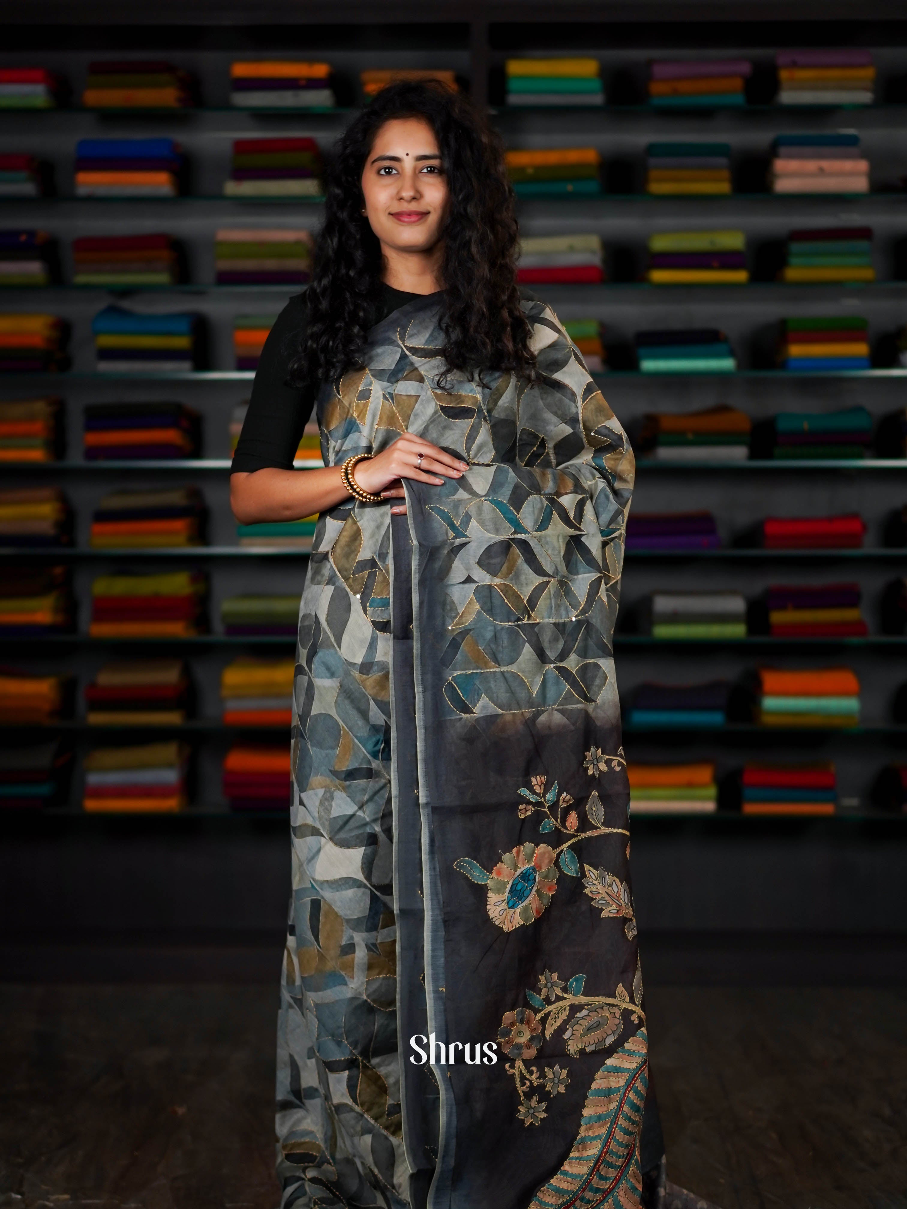 Blue & Grey - Semi Kantha Saree - Shop on ShrusEternity.com