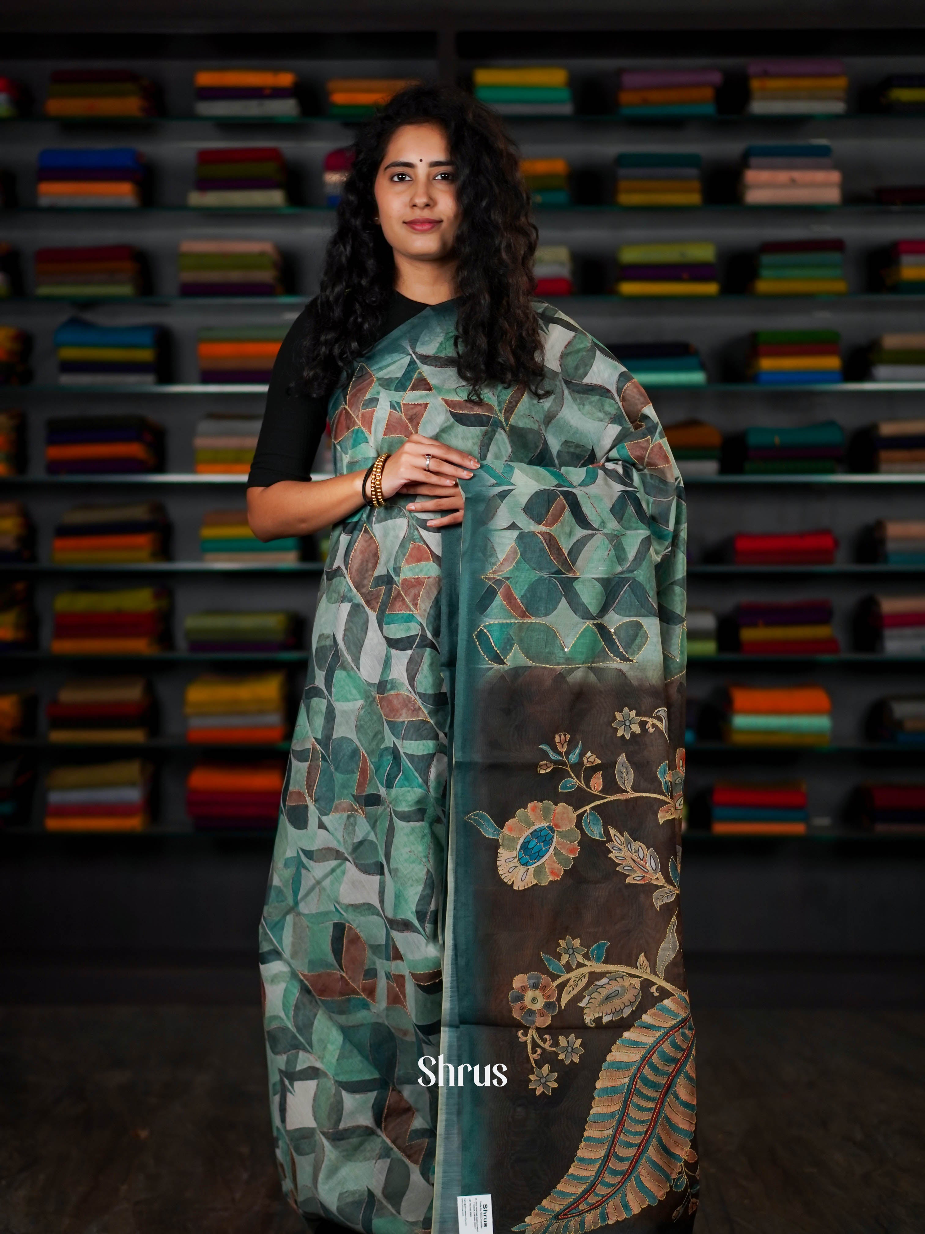 Shades Of Green & Brown - Semi Kantha Saree - Shop on ShrusEternity.com