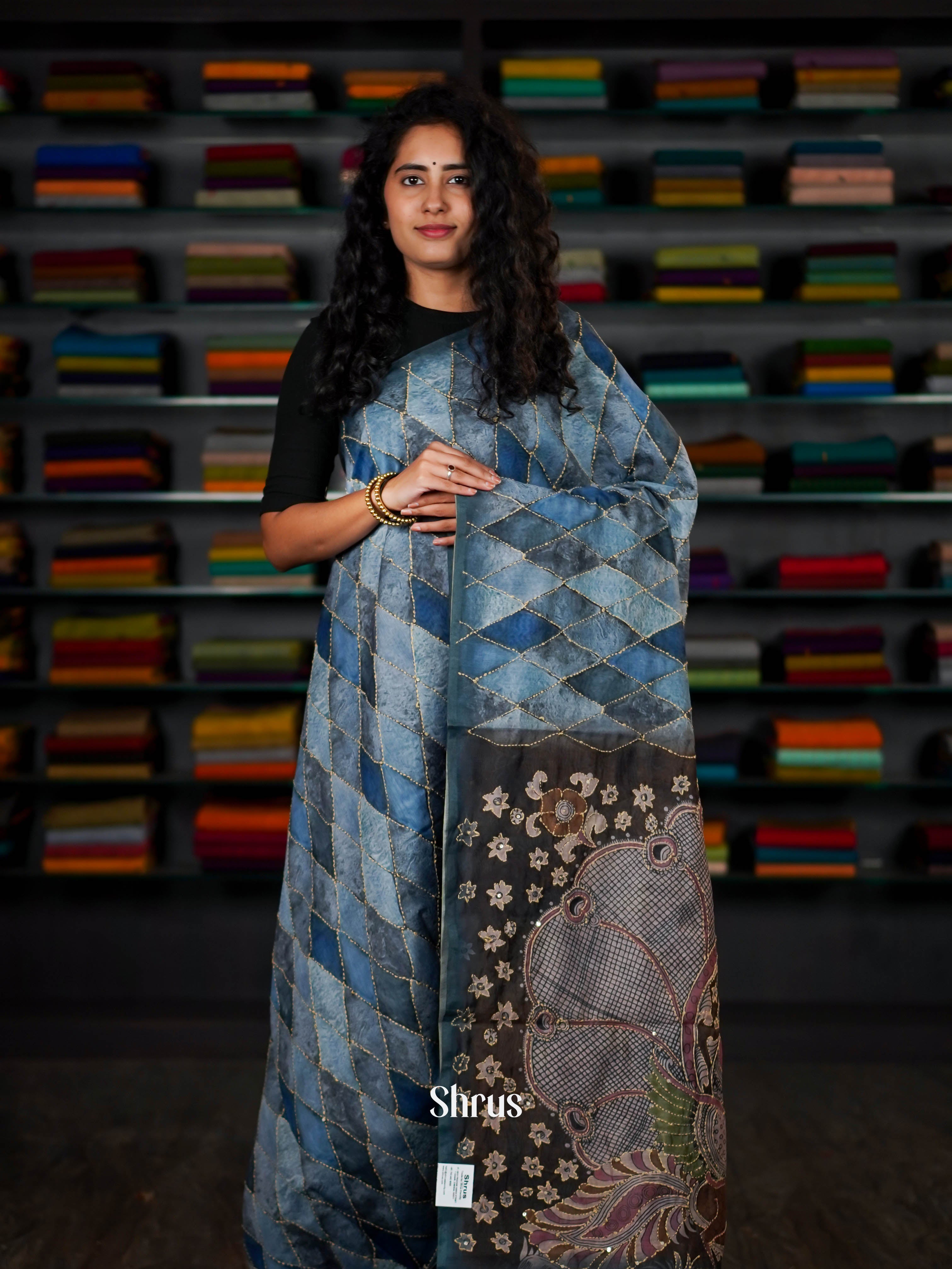 Blue & Grey - Semi Kantha Saree - Shop on ShrusEternity.com