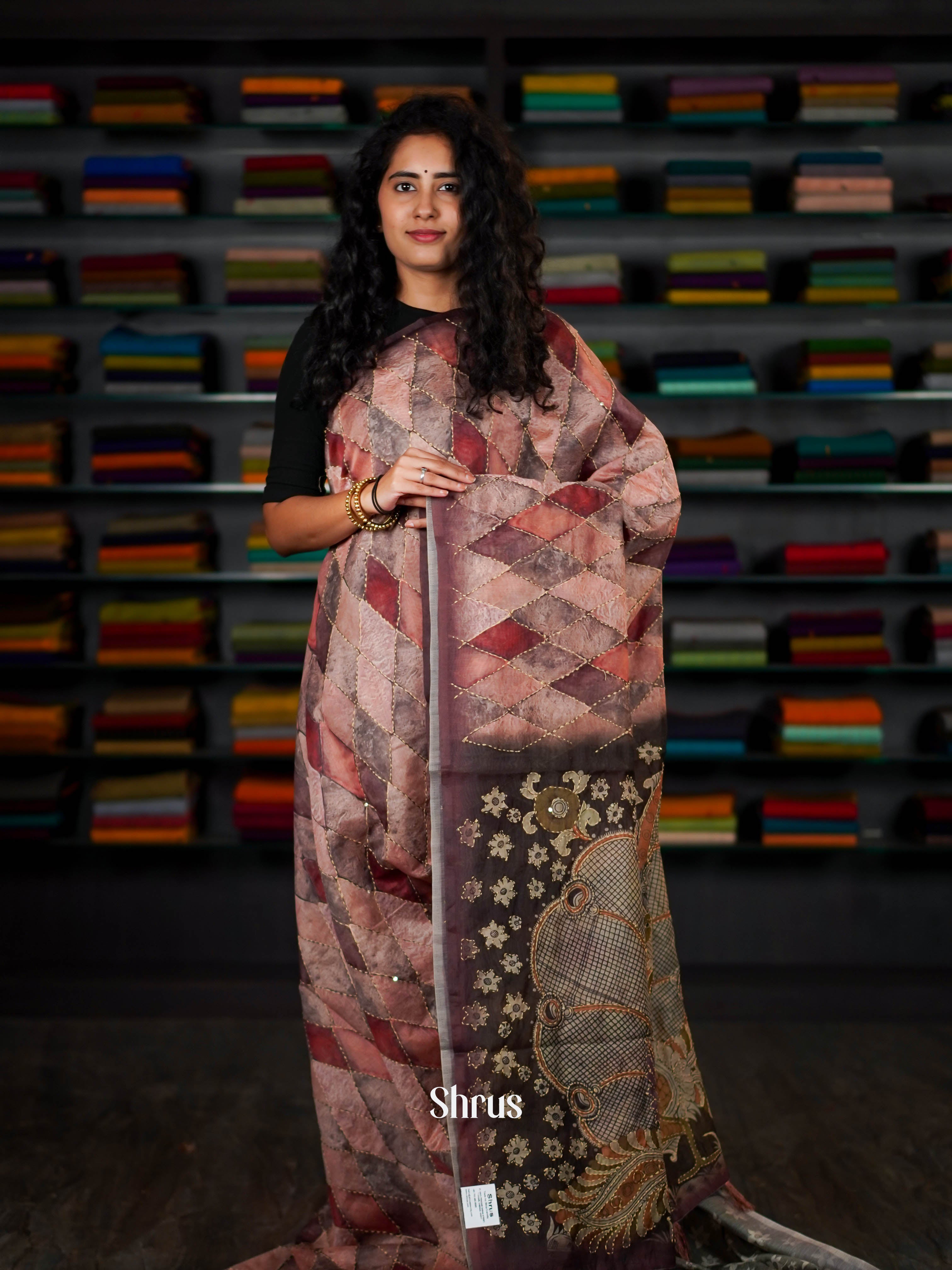 Shades Of Peach & Brown - Semi Kantha Saree - Shop on ShrusEternity.com