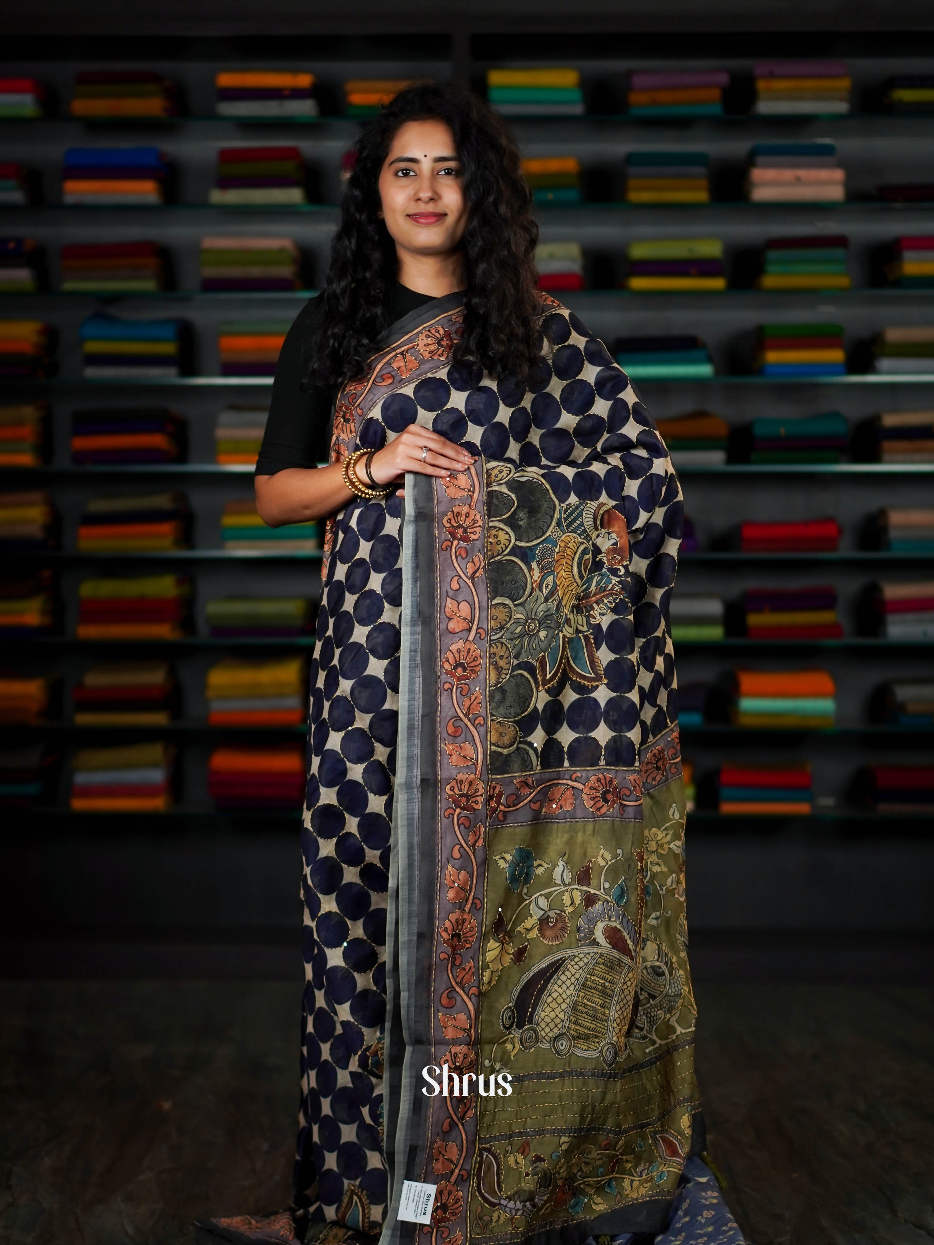 Cream & Dark Blue - Semi Kantha Saree - Shop on ShrusEternity.com