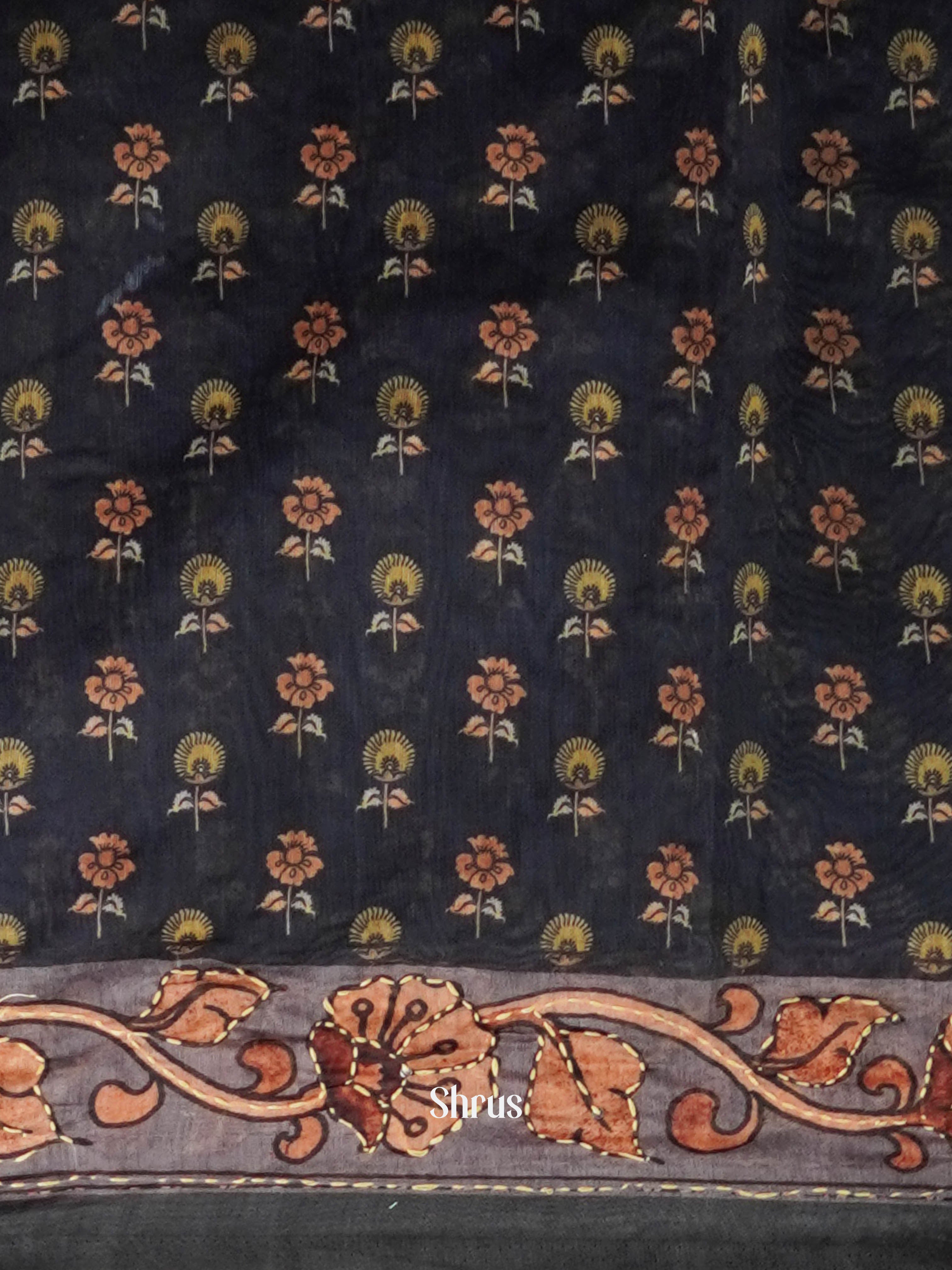 Cream & Dark Blue - Semi Kantha Saree - Shop on ShrusEternity.com