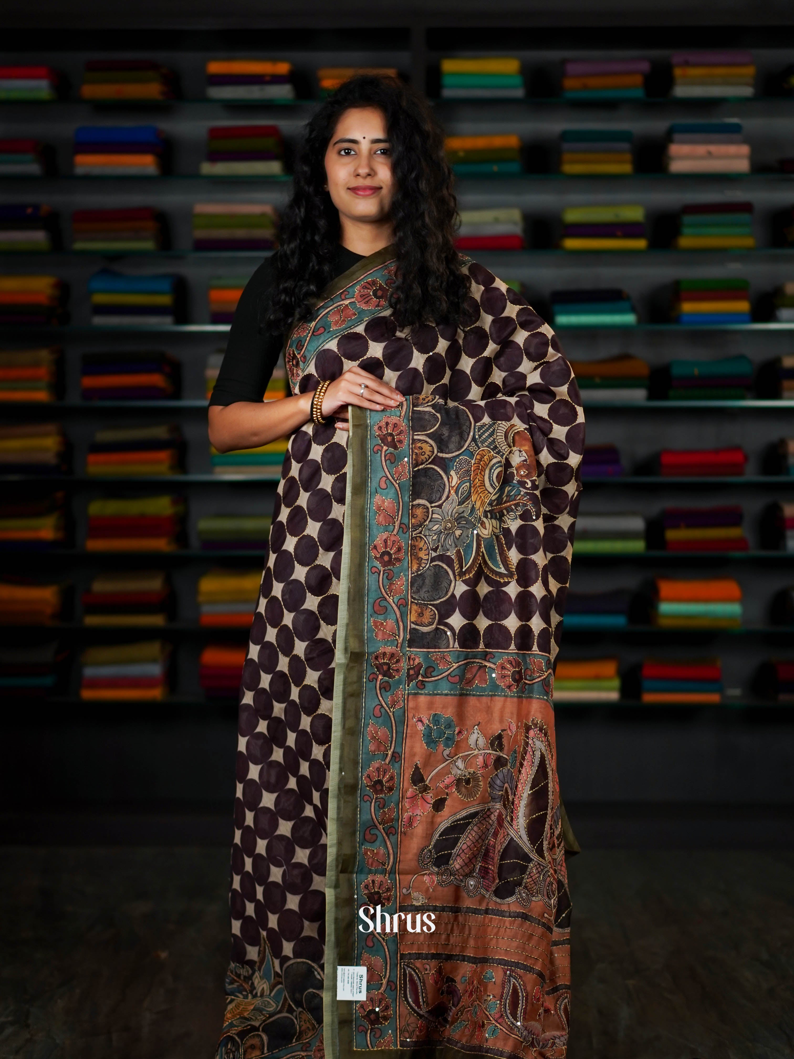 Dark Brown - Semi Kantha Saree - Shop on ShrusEternity.com