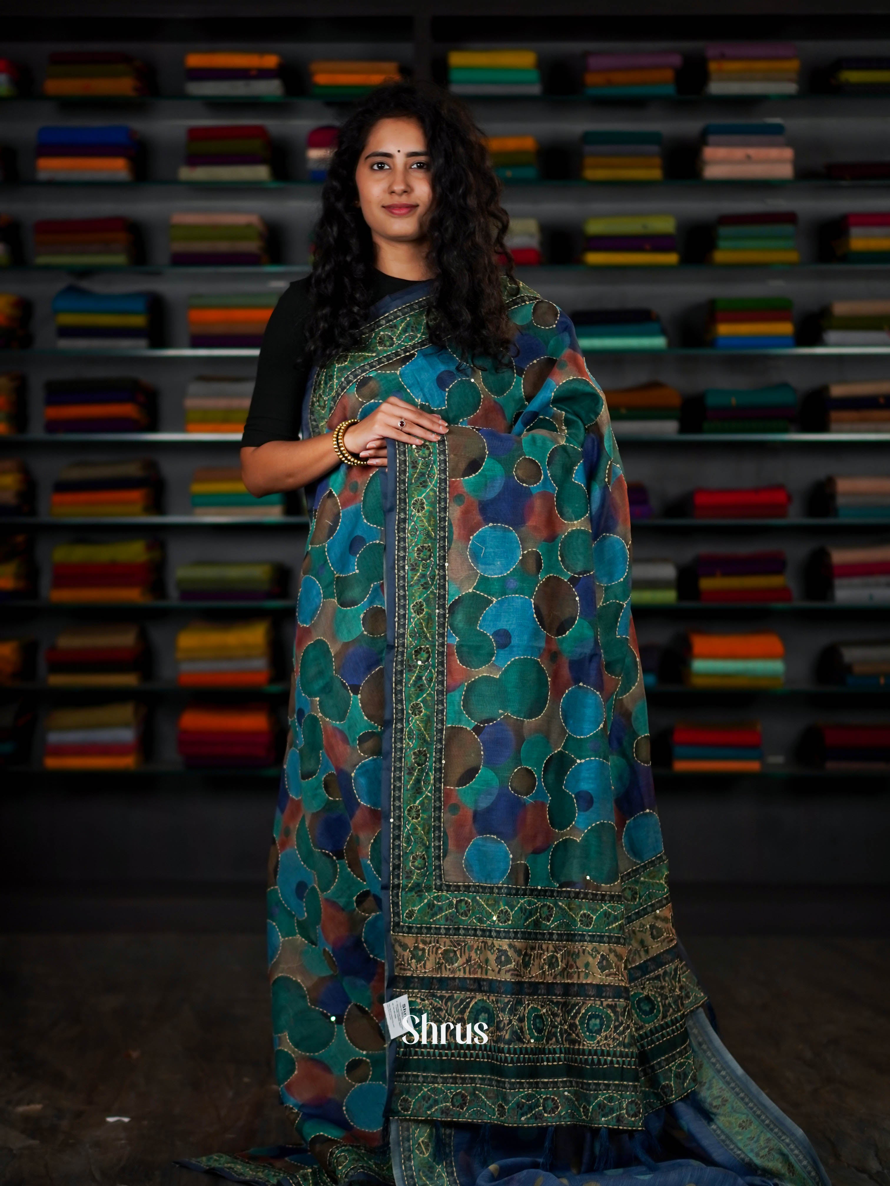 Shades Of Blue & Green - Semi Kantha Saree - Shop on ShrusEternity.com
