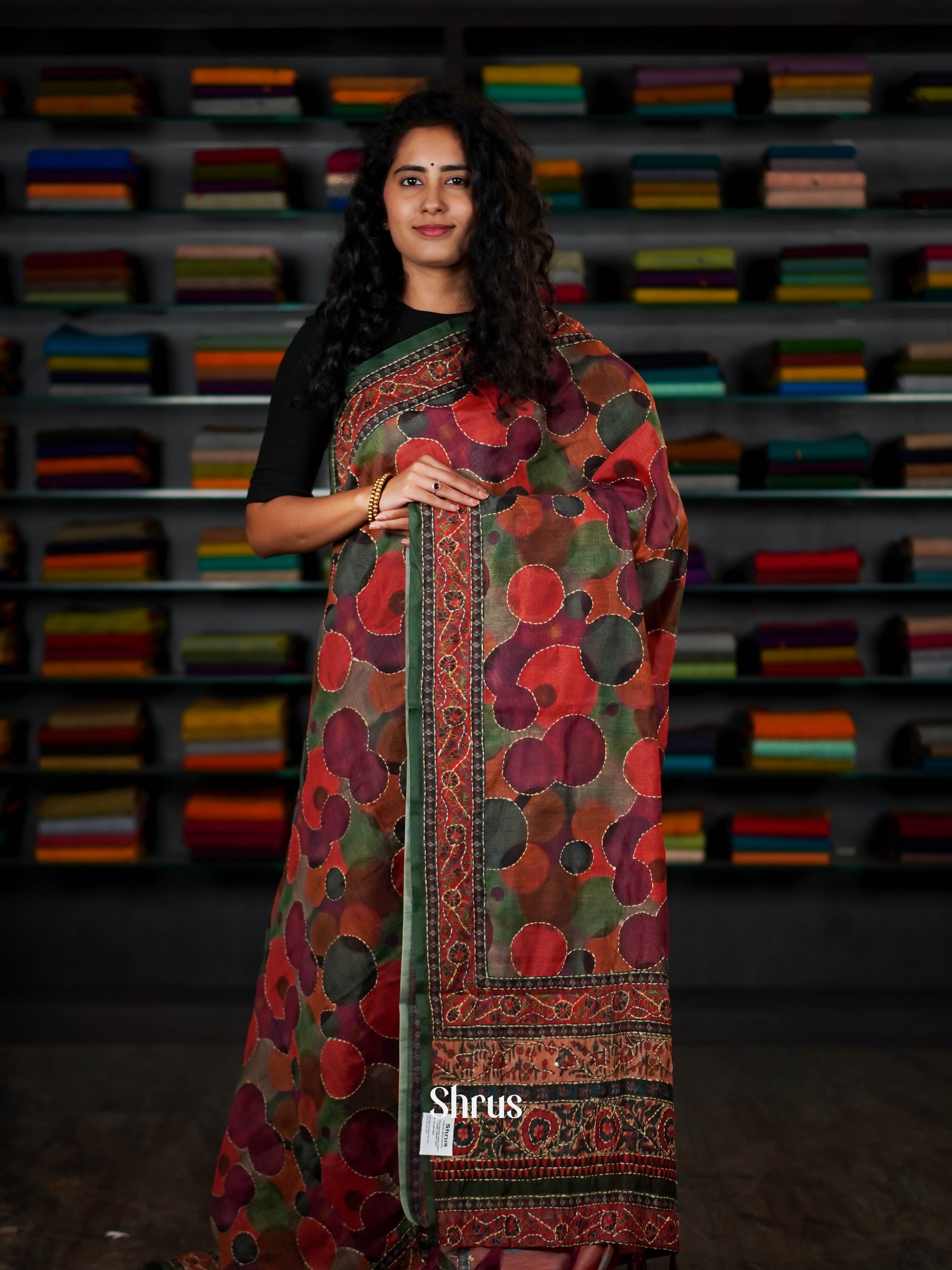 Green & Maroon - Semi Kantha Saree - Shop on ShrusEternity.com