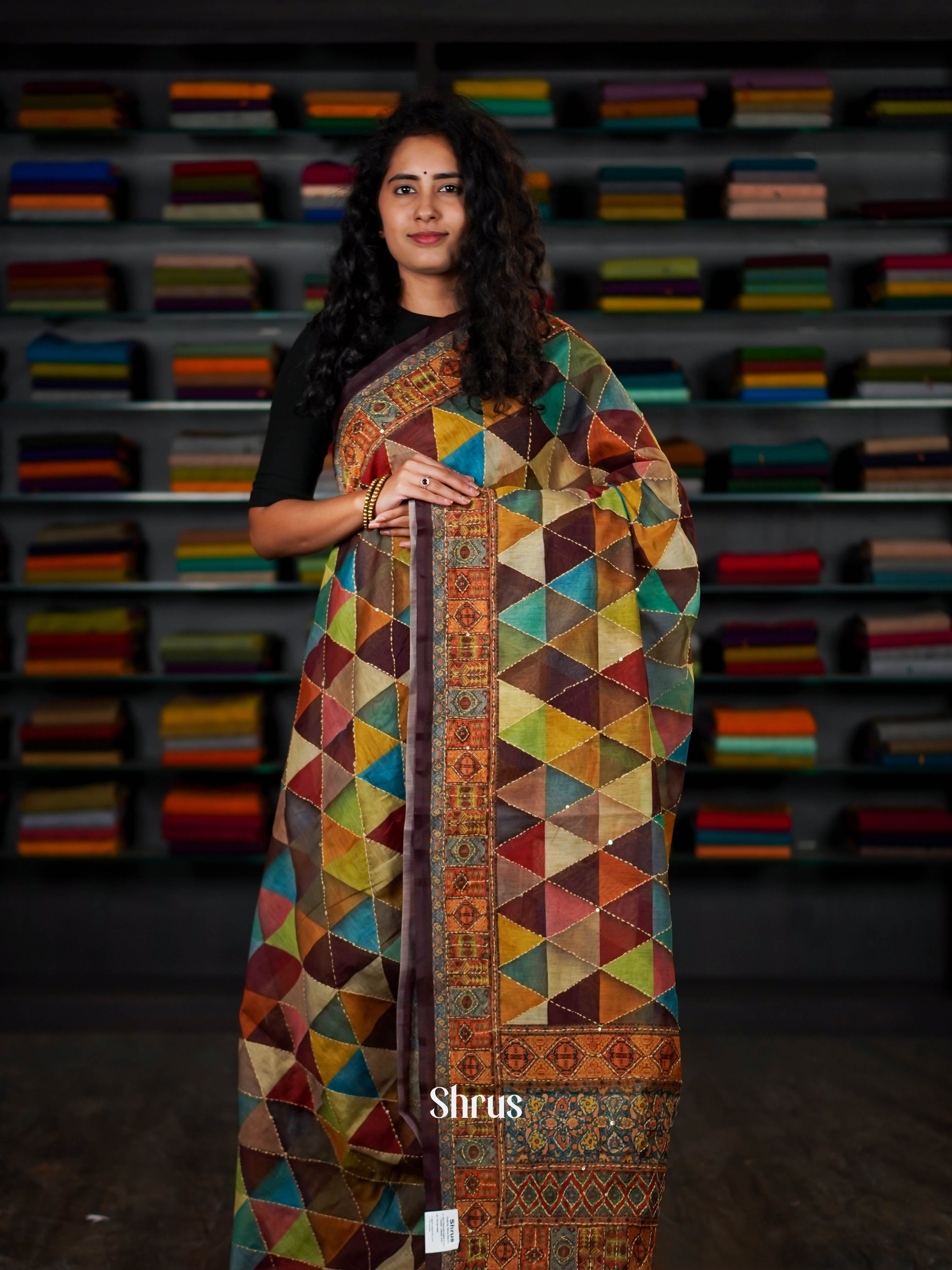 Multicolor & Brown - Semi Kantha Saree - Shop on ShrusEternity.com