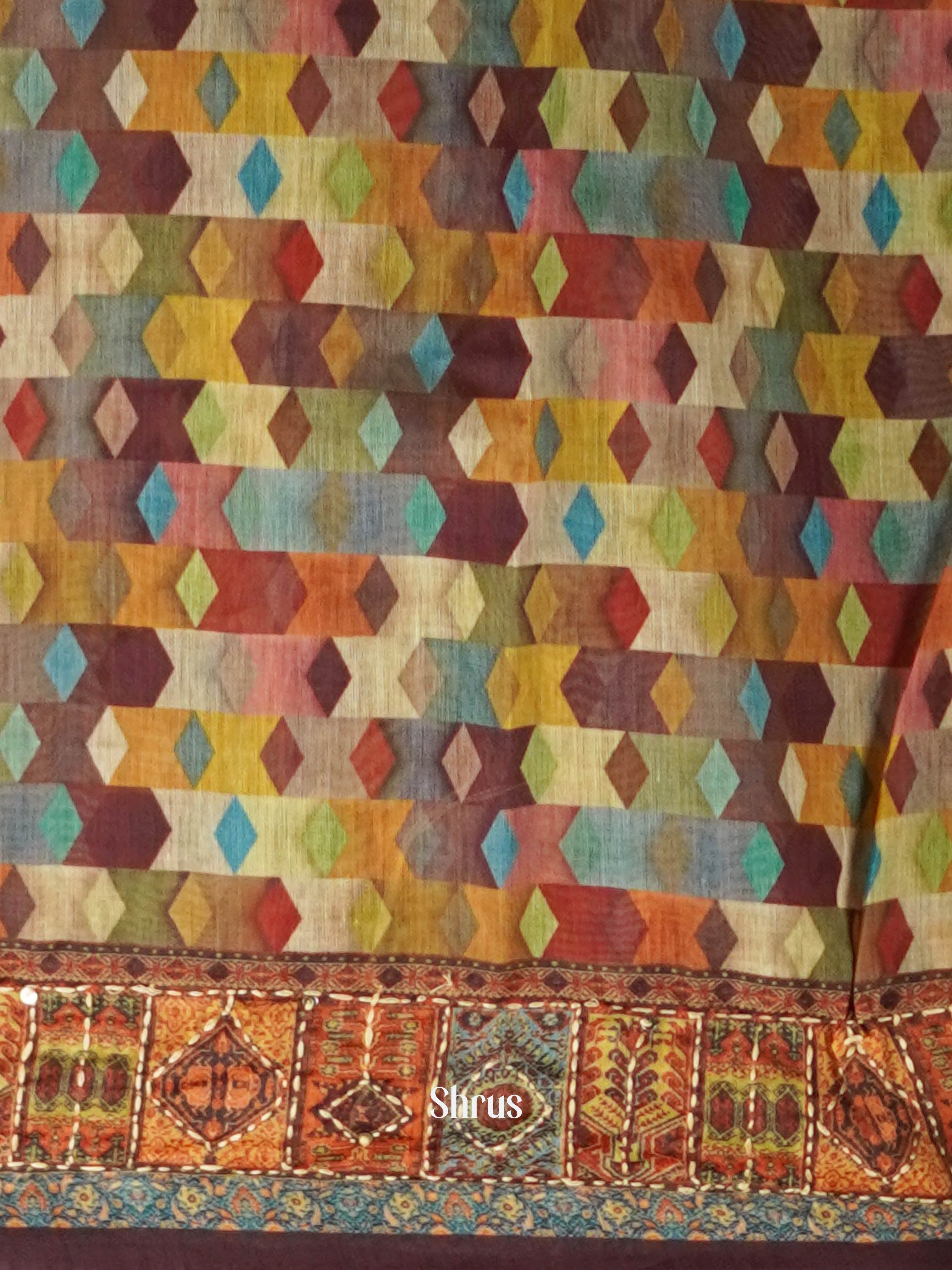 Multicolor & Brown - Semi Kantha Saree - Shop on ShrusEternity.com