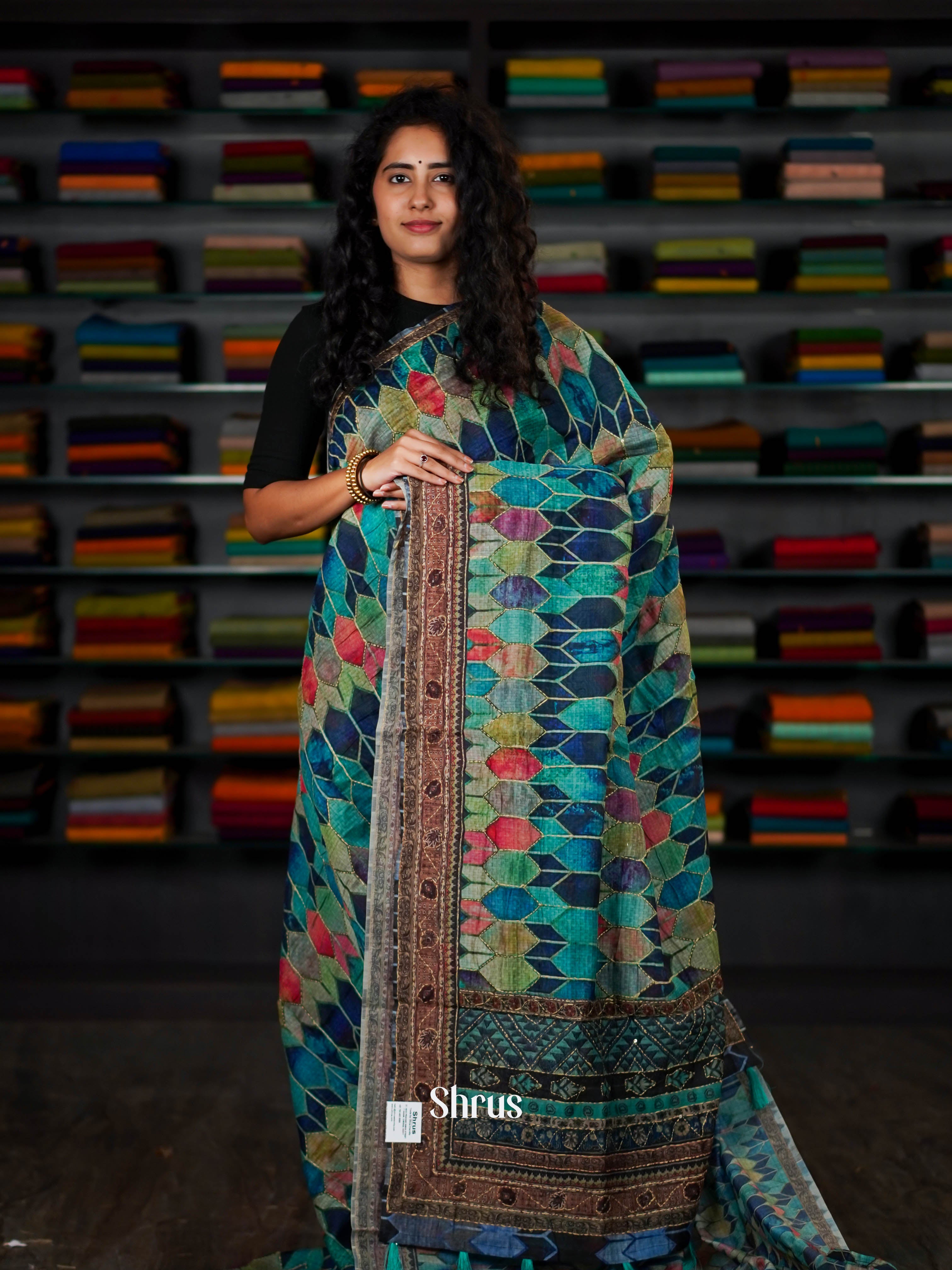 Shades Of Blue - Semi Kantha Saree - Shop on ShrusEternity.com