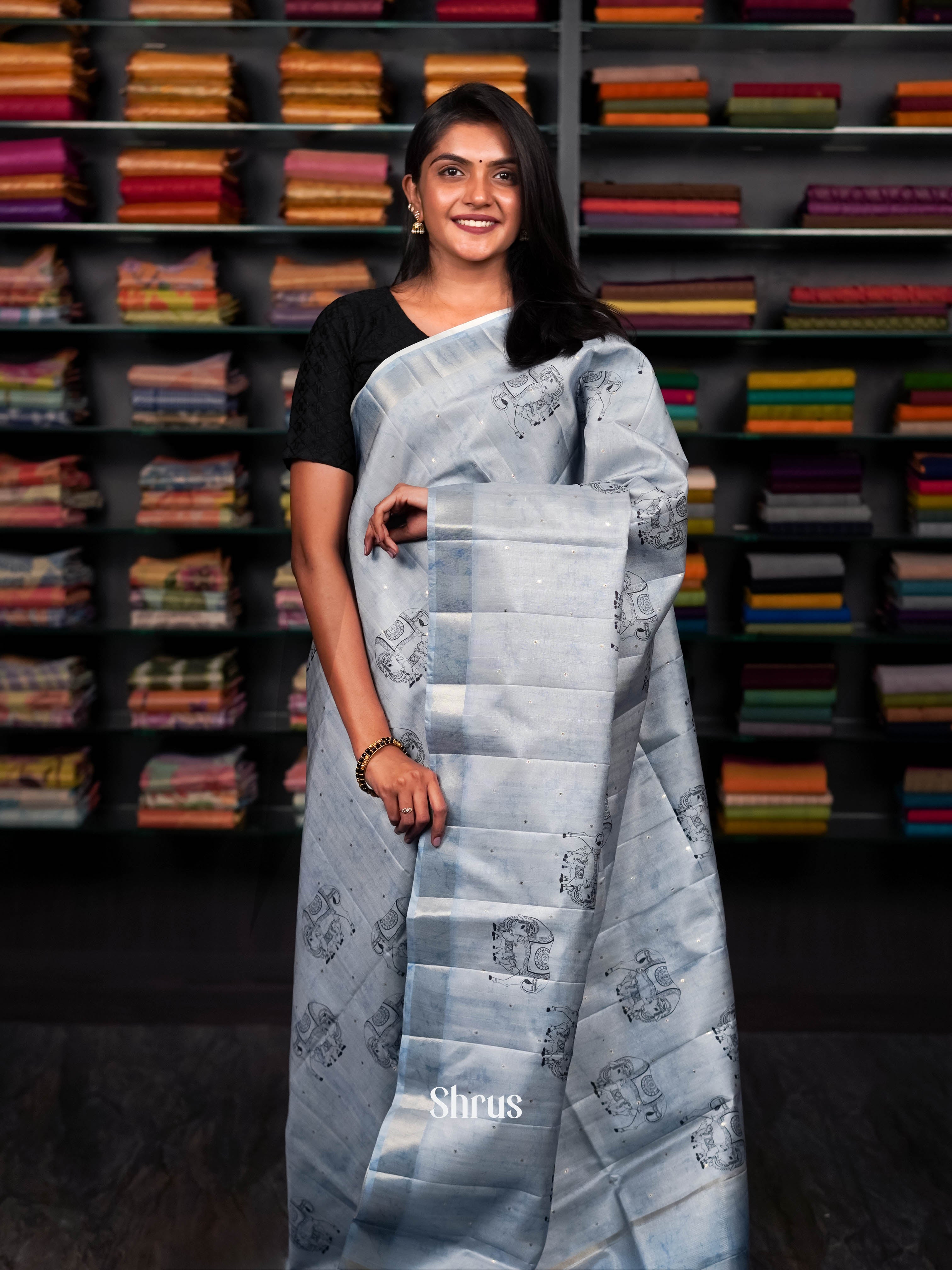 Silverish Blue - Moonga silk Saree - Shop on ShrusEternity.com