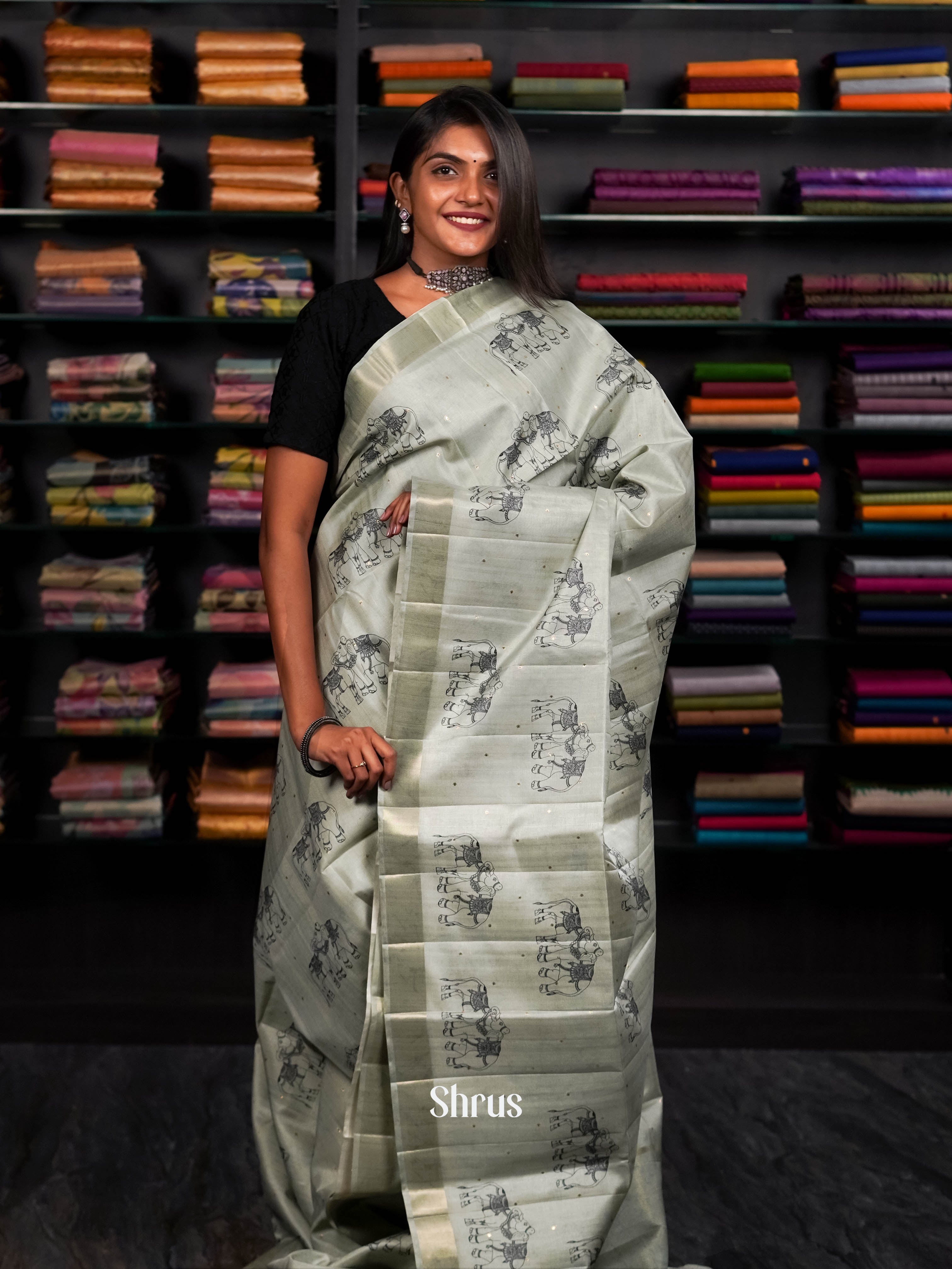 Dusty Green - Moonga silk Saree - Shop on ShrusEternity.com