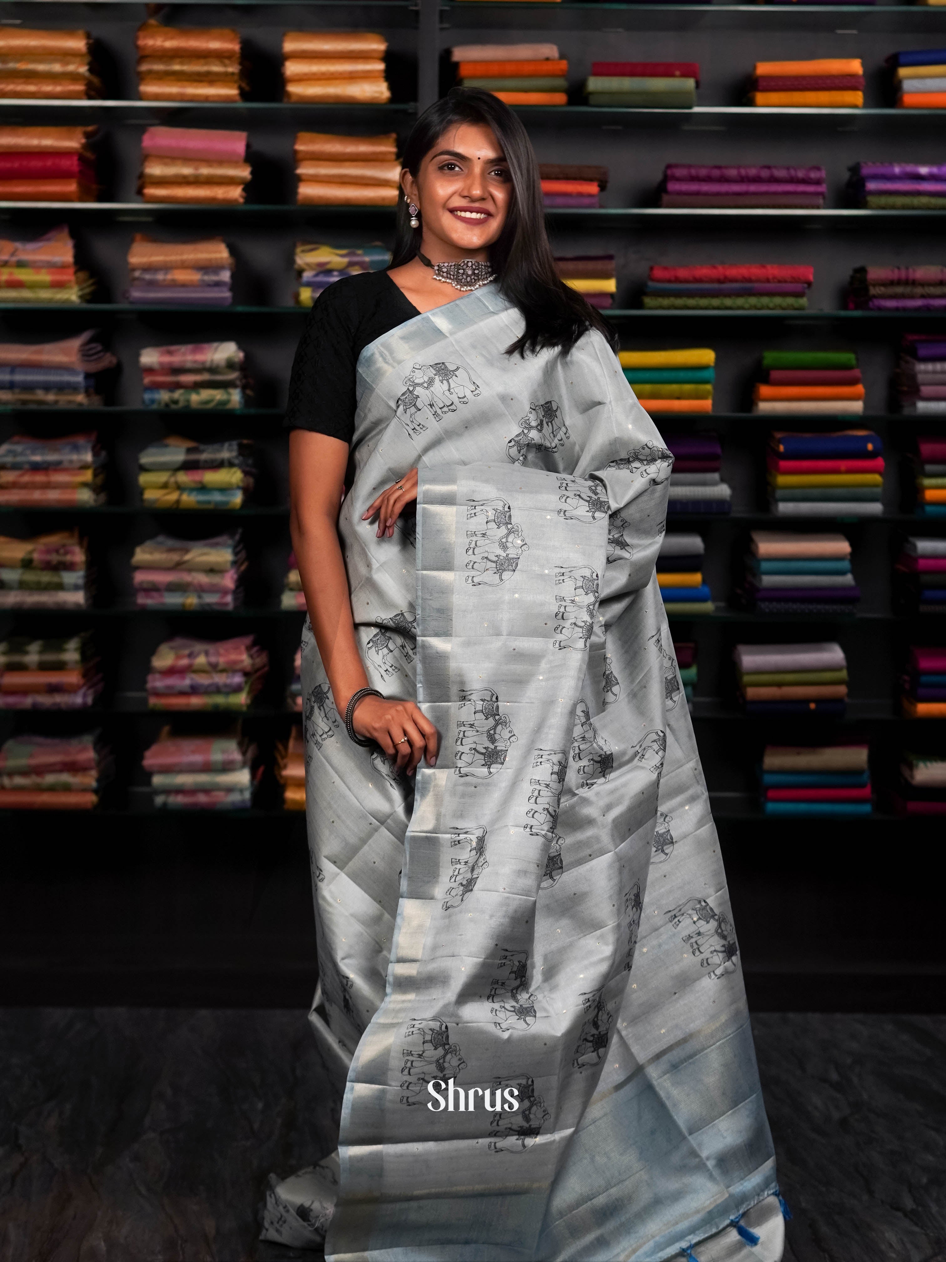 Dusty Blue - Moonga silk Saree - Shop on ShrusEternity.com