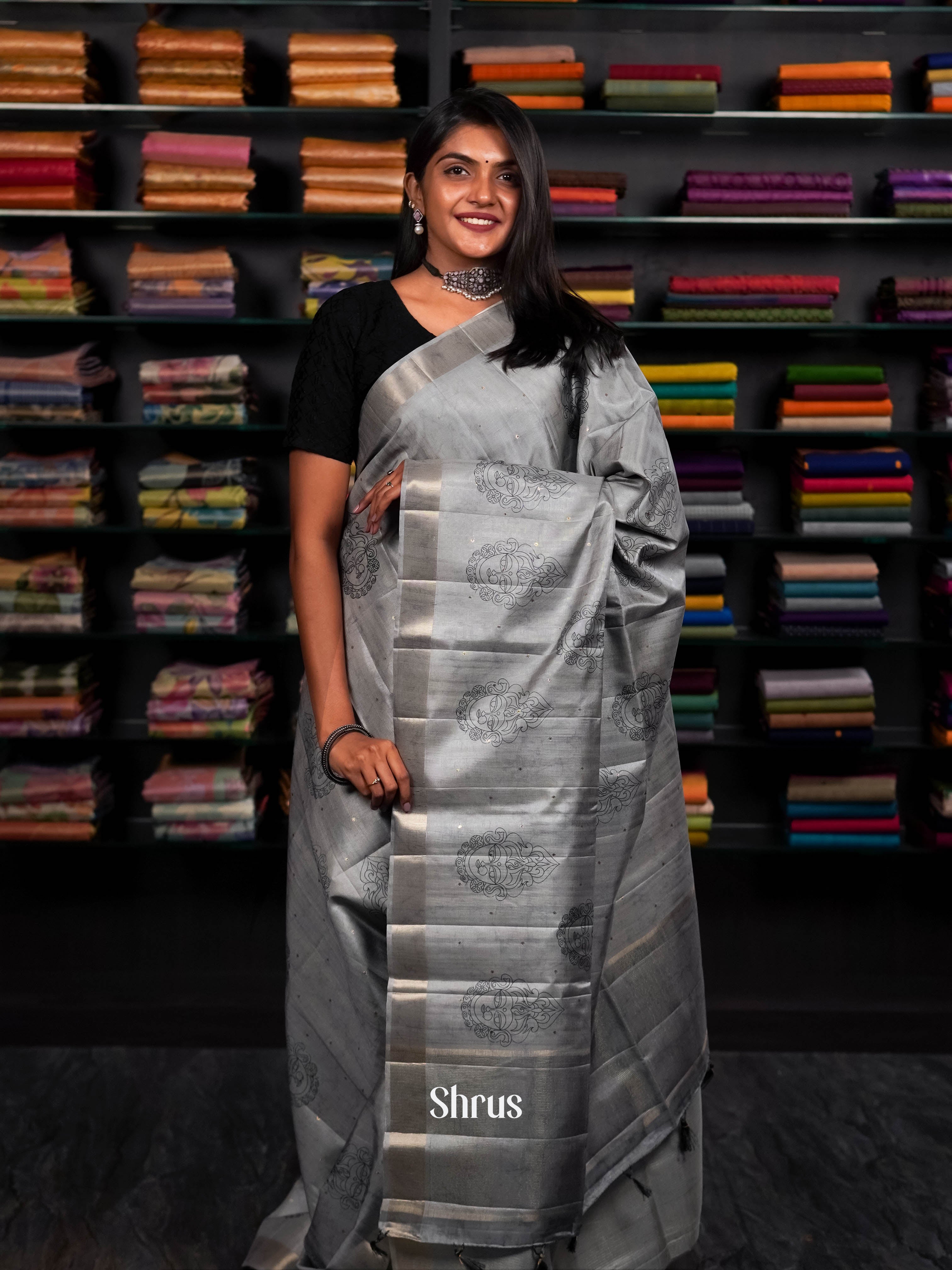 Grey - Moonga silk Saree - Shop on ShrusEternity.com