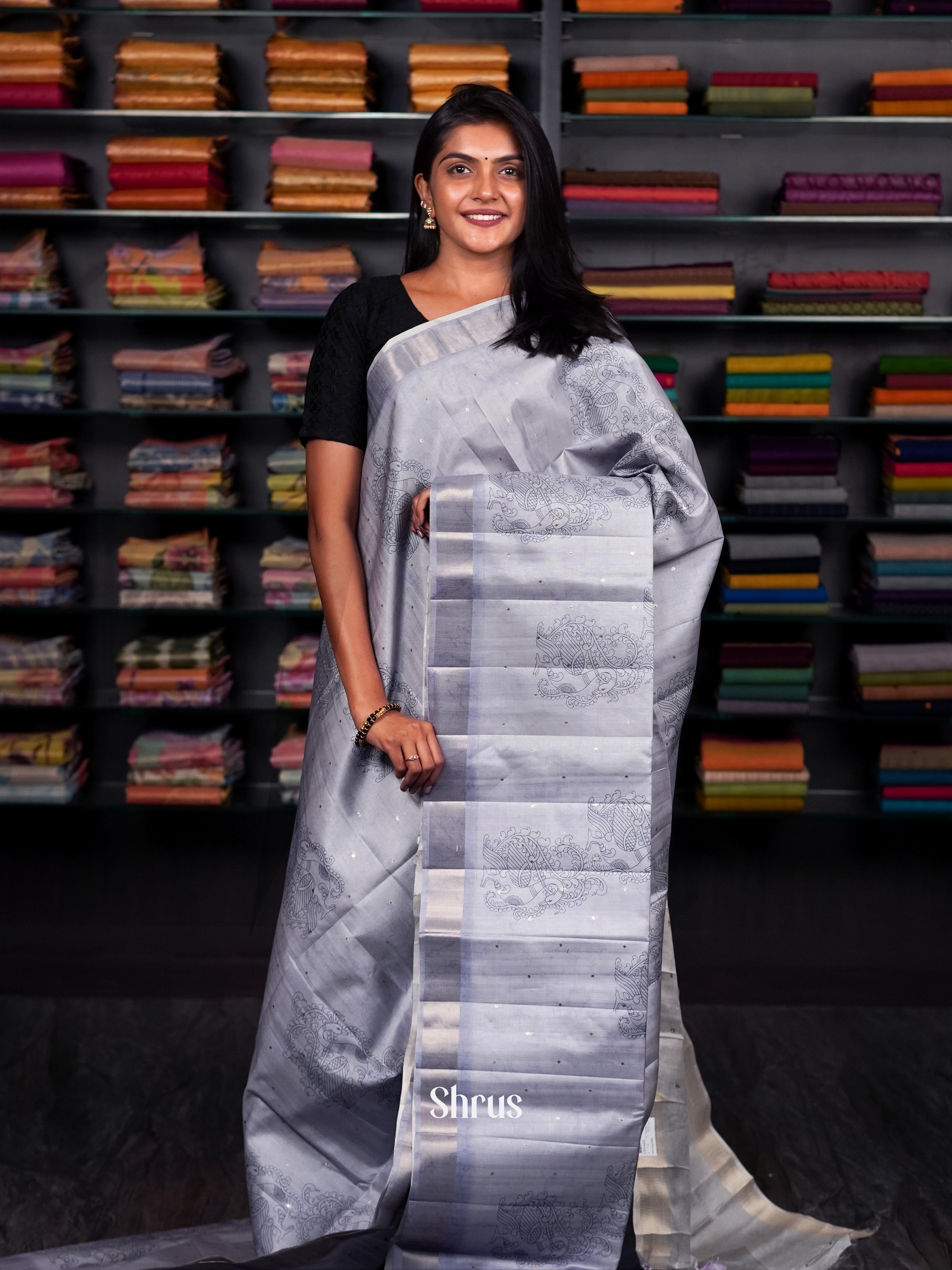 Grey with Light Purple - Moonga silk Saree - Shop on ShrusEternity.com