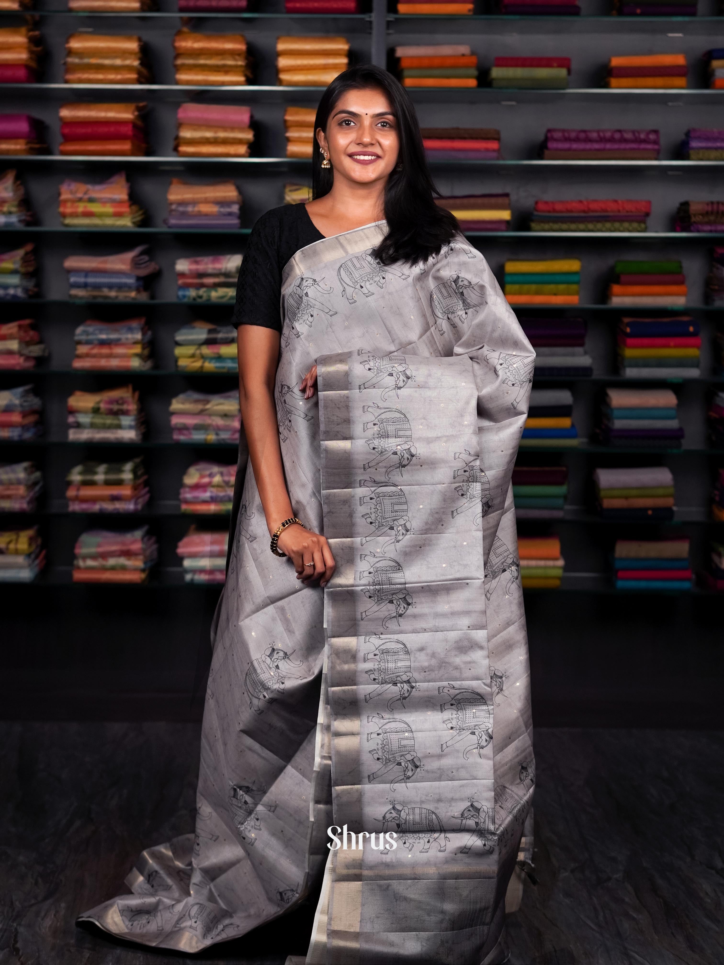 Grey - Moonga silk Saree - Shop on ShrusEternity.com