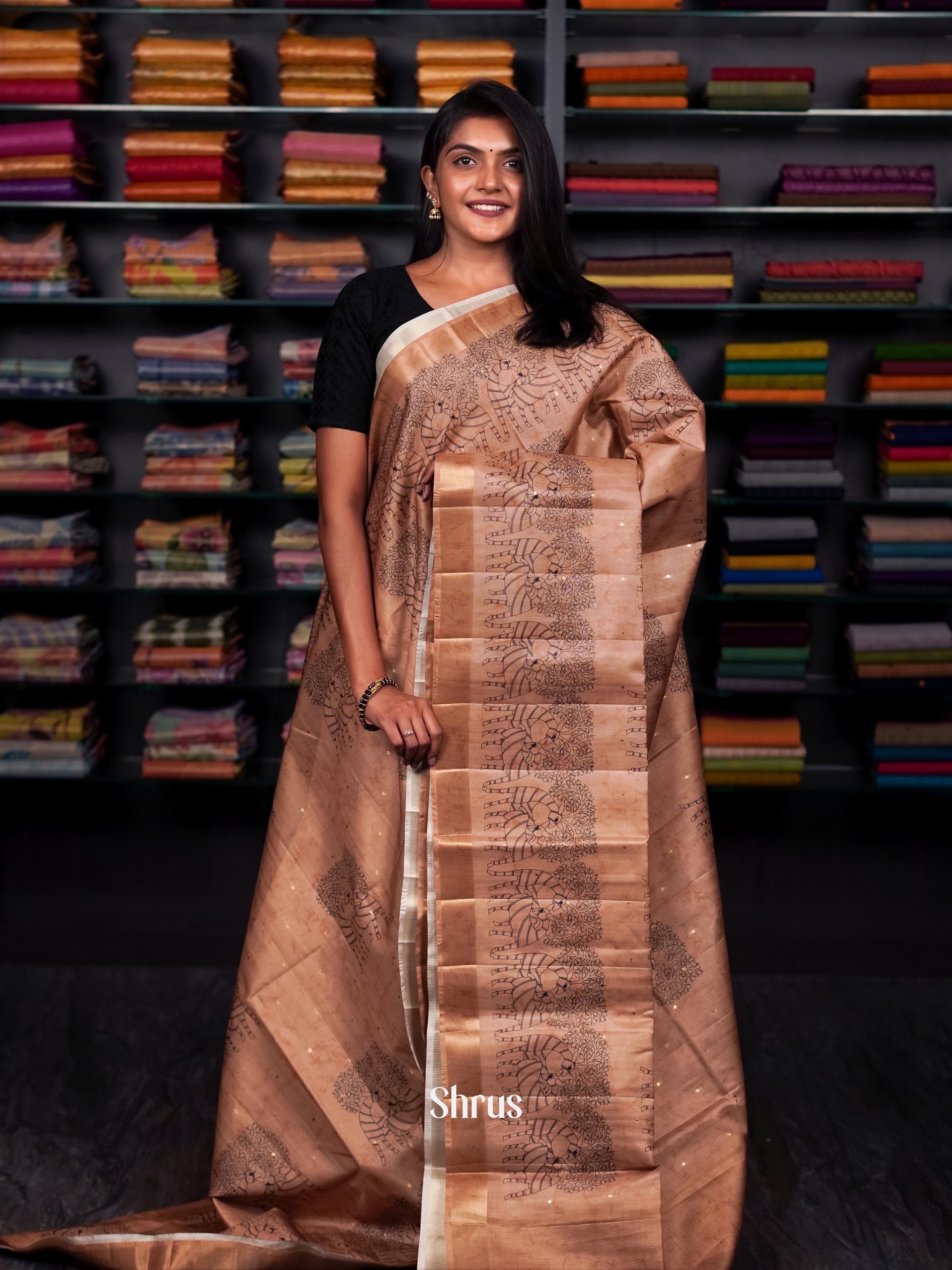 Dark Golden Brown - Moonga silk Saree - Shop on ShrusEternity.com