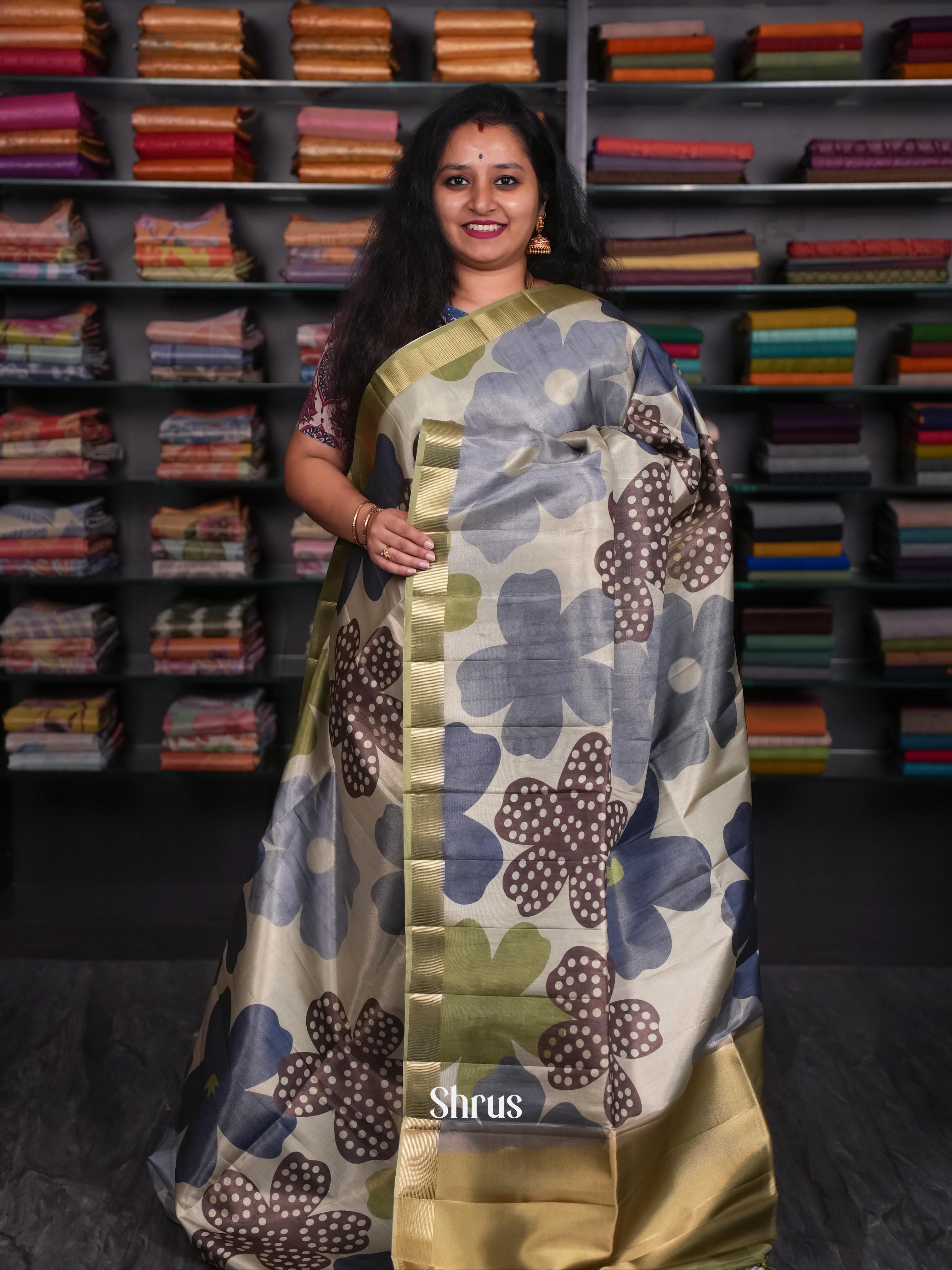 Grey & Green - Moonga Silk Saree - Shop on ShrusEternity.com