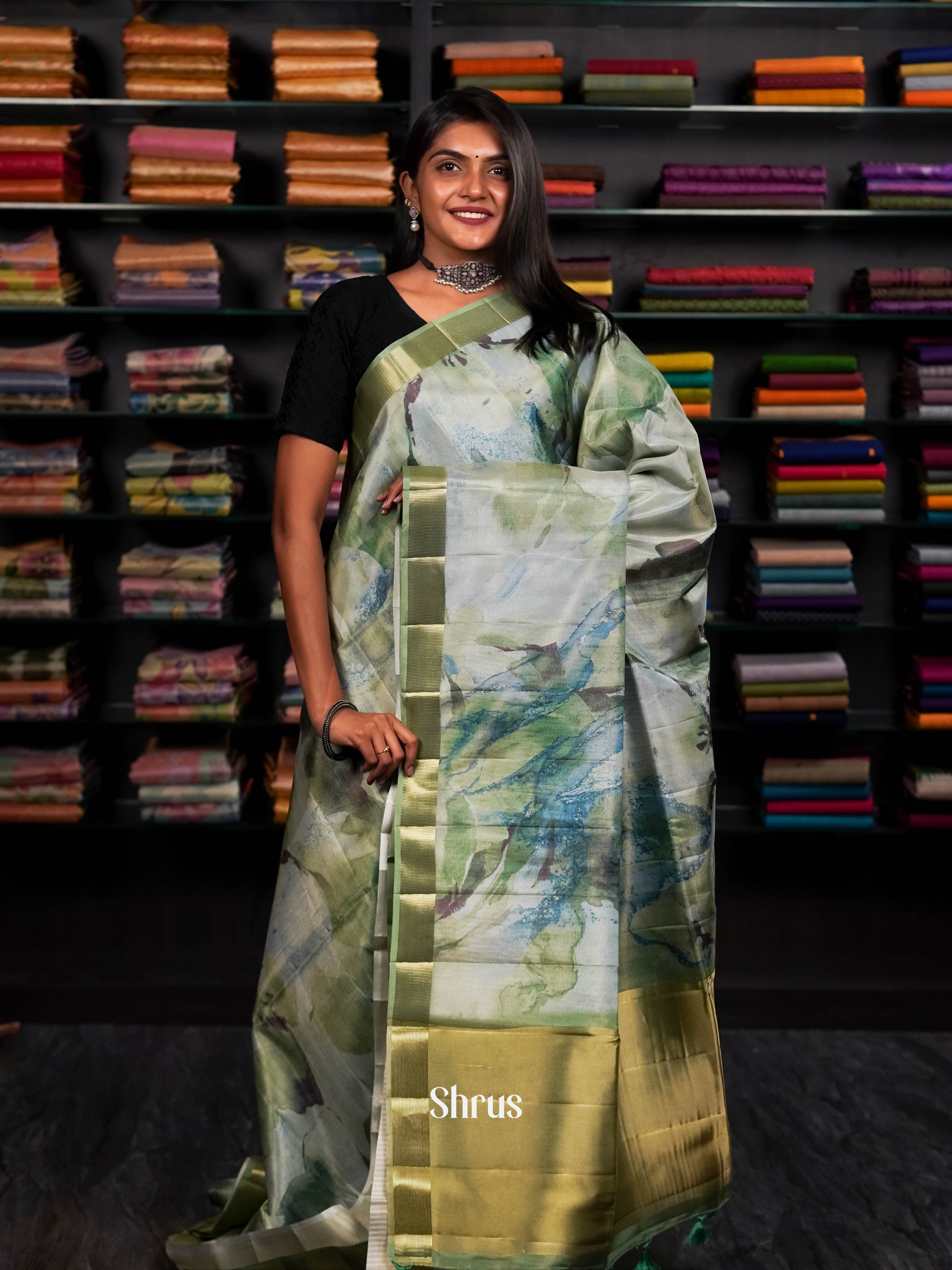 Green & White & Brown - Moonga silk Saree - Shop on ShrusEternity.com