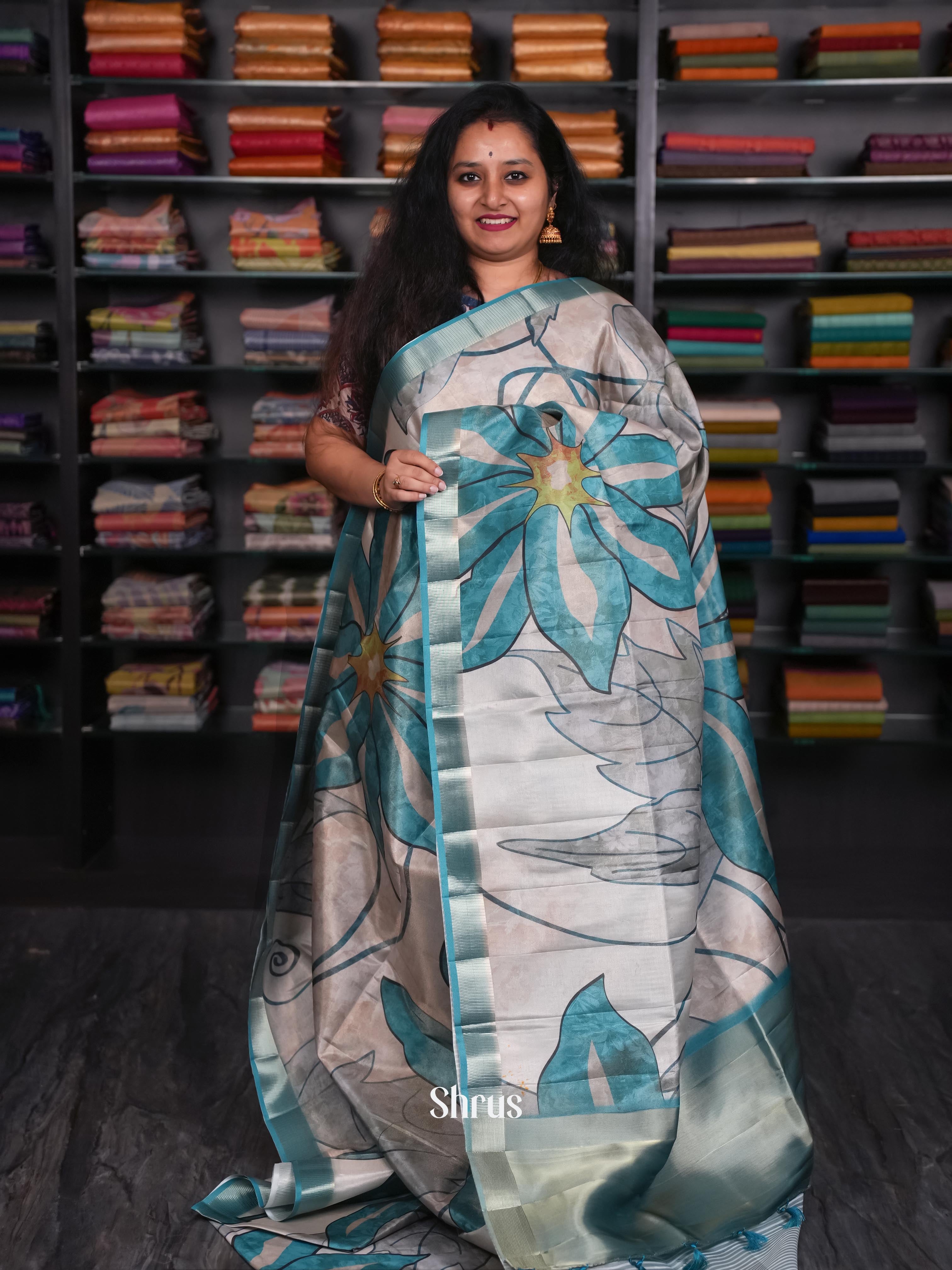 Grey & Green - Moonga Silk Saree - Shop on ShrusEternity.com