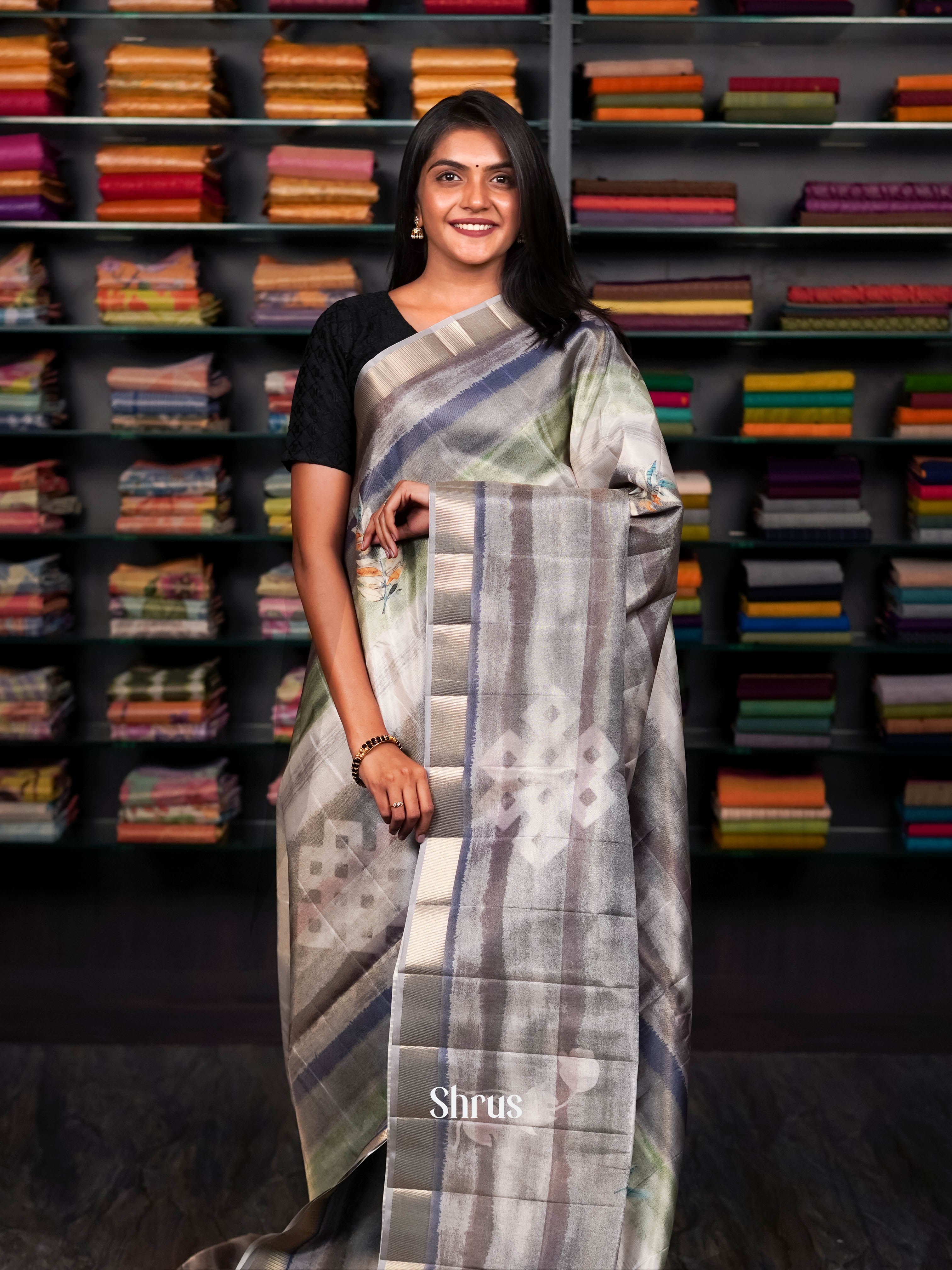 Glittering Grey & Silverish Gold - Moonga silk Saree - Shop on ShrusEternity.com