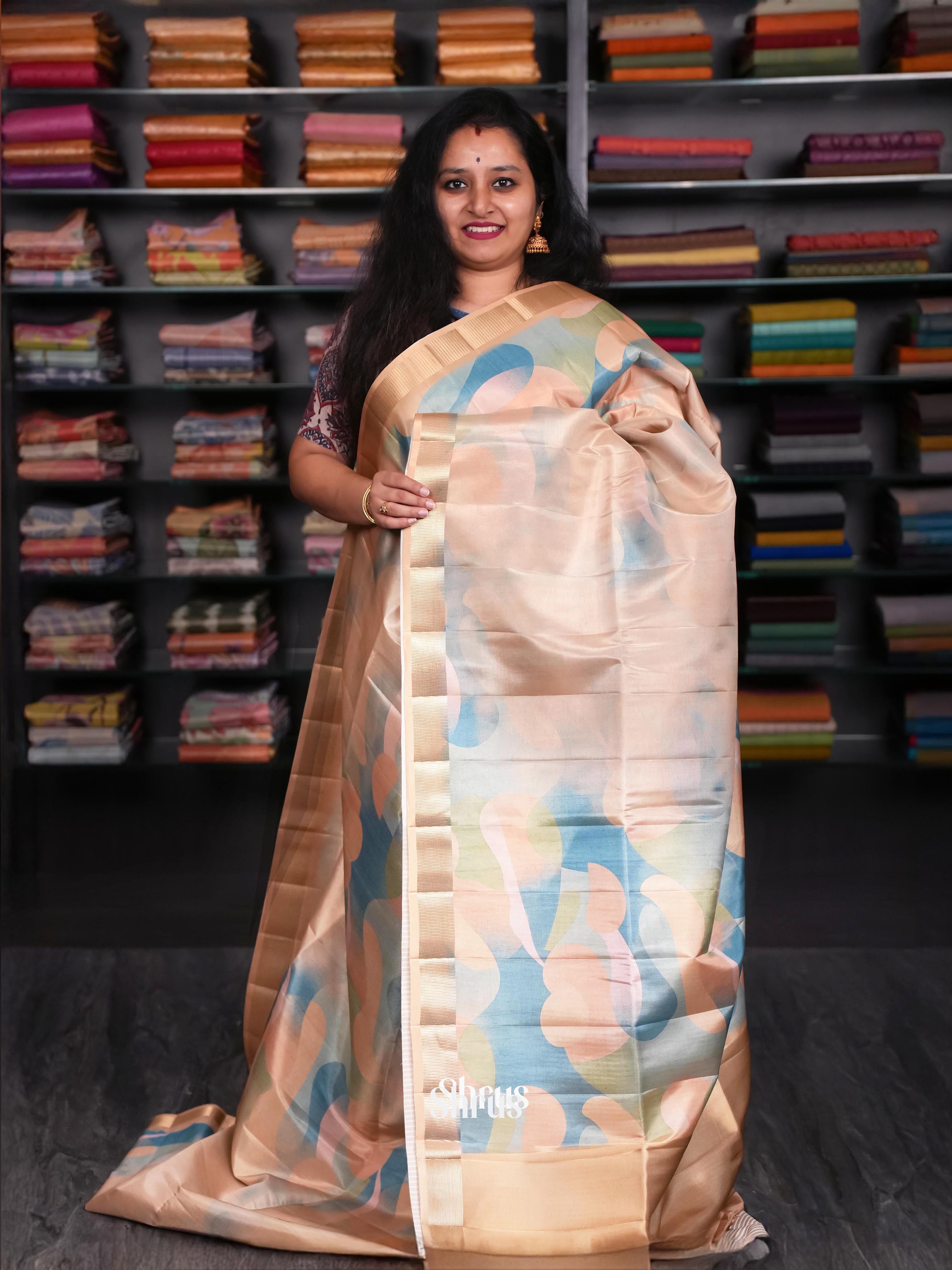 Golden Brown & Blue - Moonga Silk Saree - Shop on ShrusEternity.com