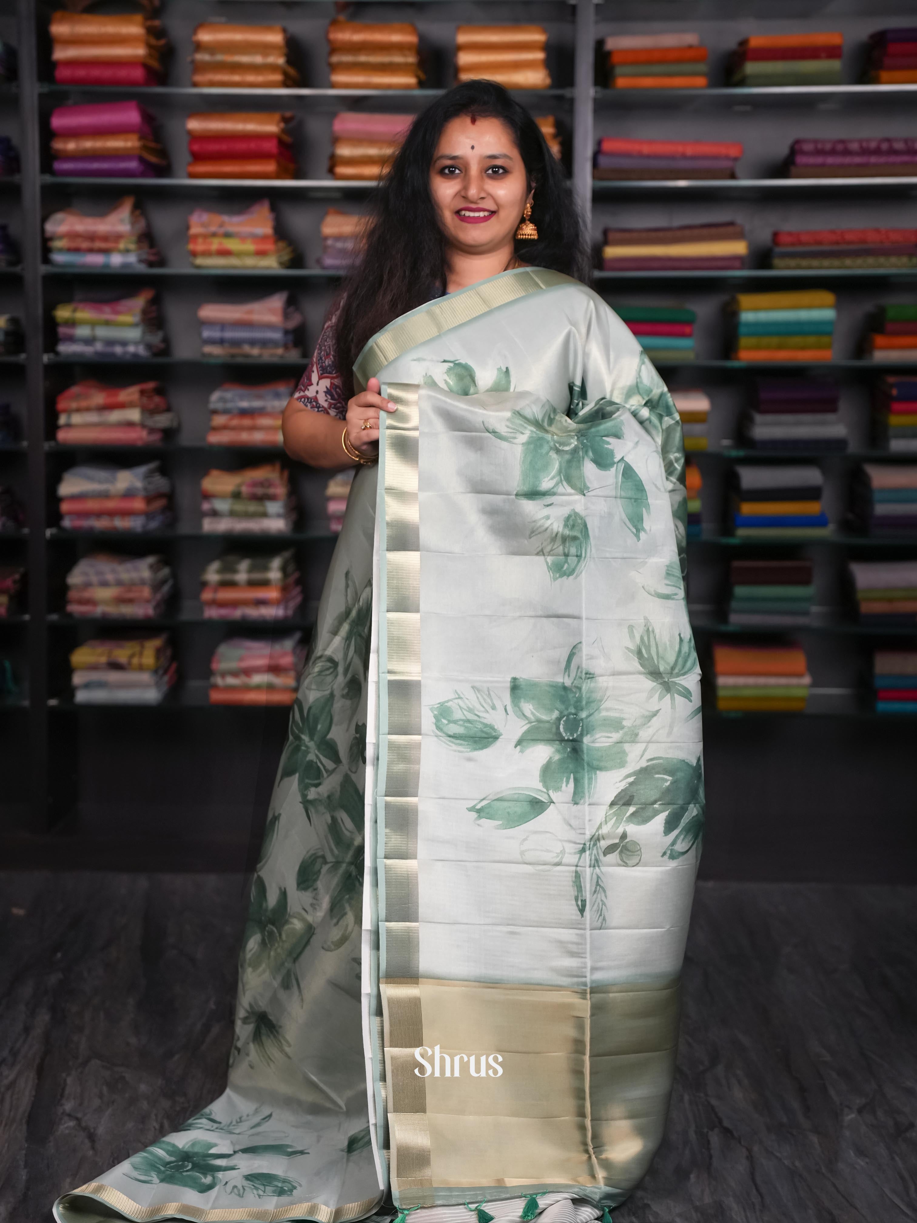 Grey & Green - Moonga Silk Saree - Shop on ShrusEternity.com